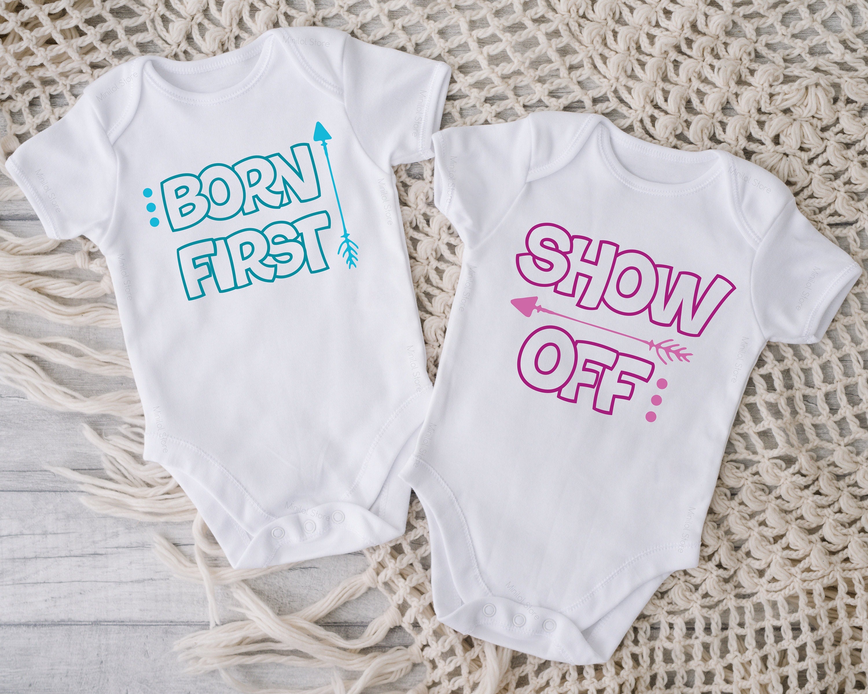 Twin OnesieĀ®, Born First & Show Off Twin OnesieĀ®, Funny Twins Gift, Cute Twin Baby OnesieĀ®