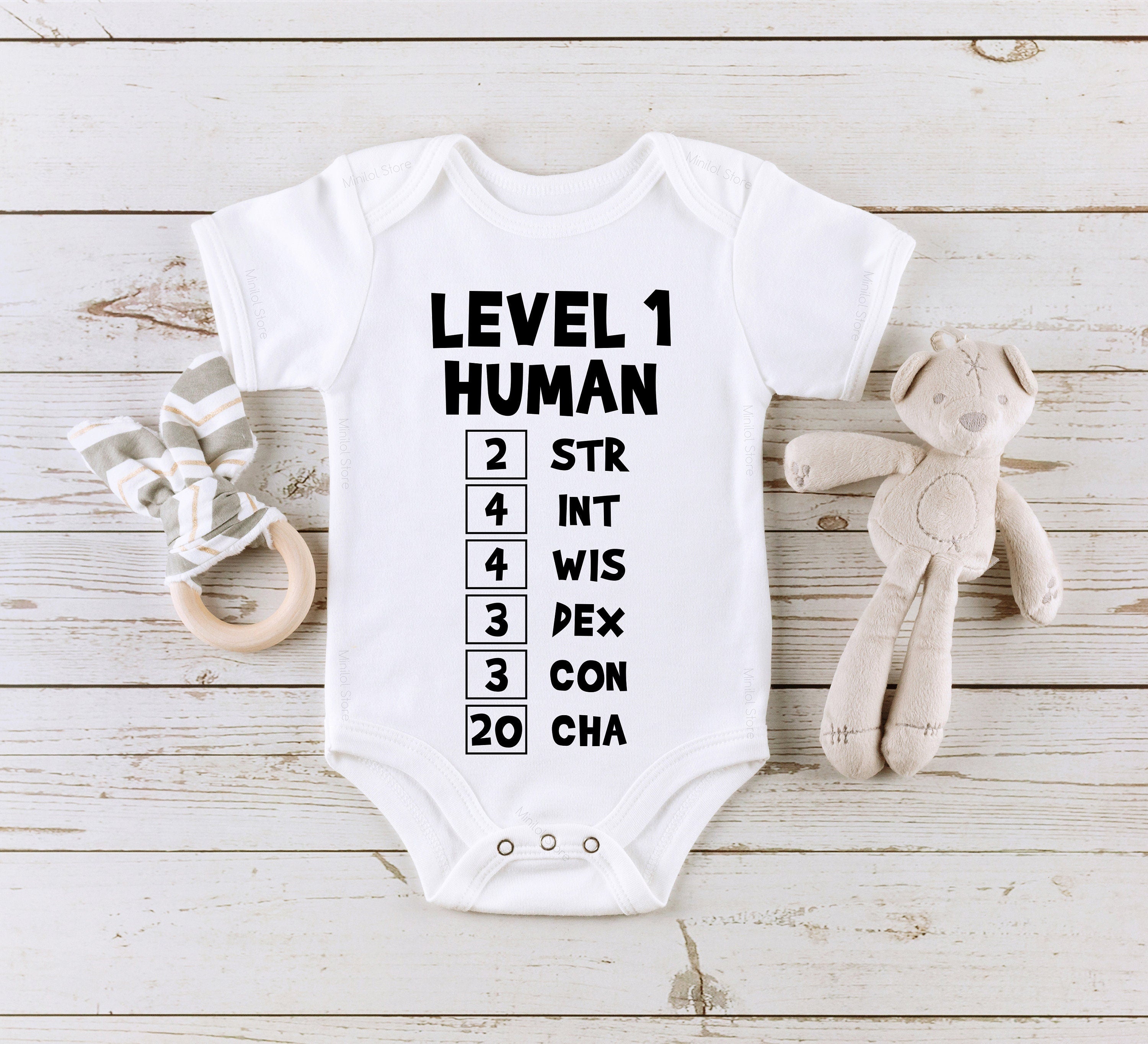 Gaming Baby Onesie®, Level 1 Human, Ability Stats Featuring High Charisma