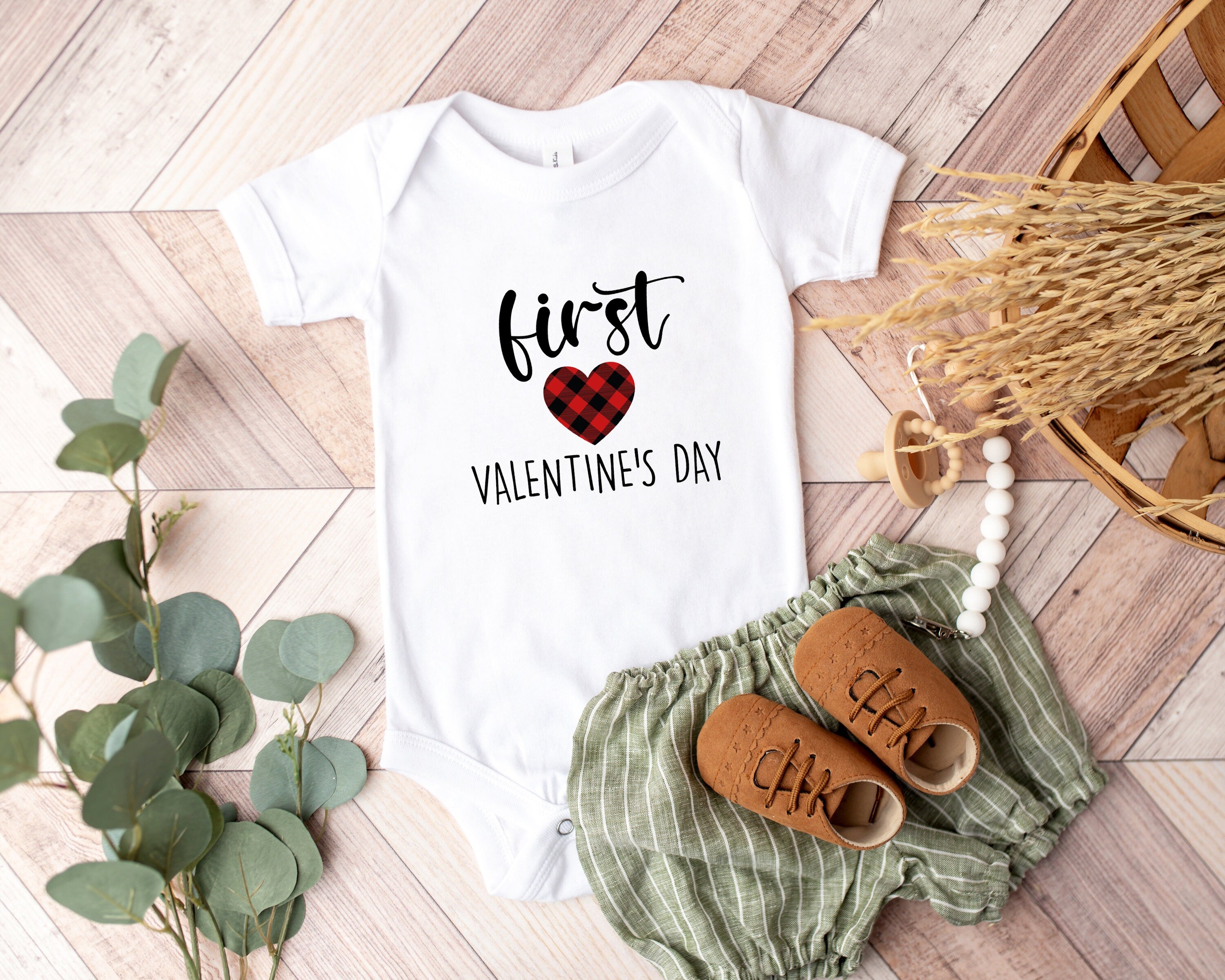 Boys First Valentine's Day Onesie® Buffalo Plaid Baby Bodysuit, Baby Valentines Day Onesie® 1st Valentine, First Valentines Day Tee