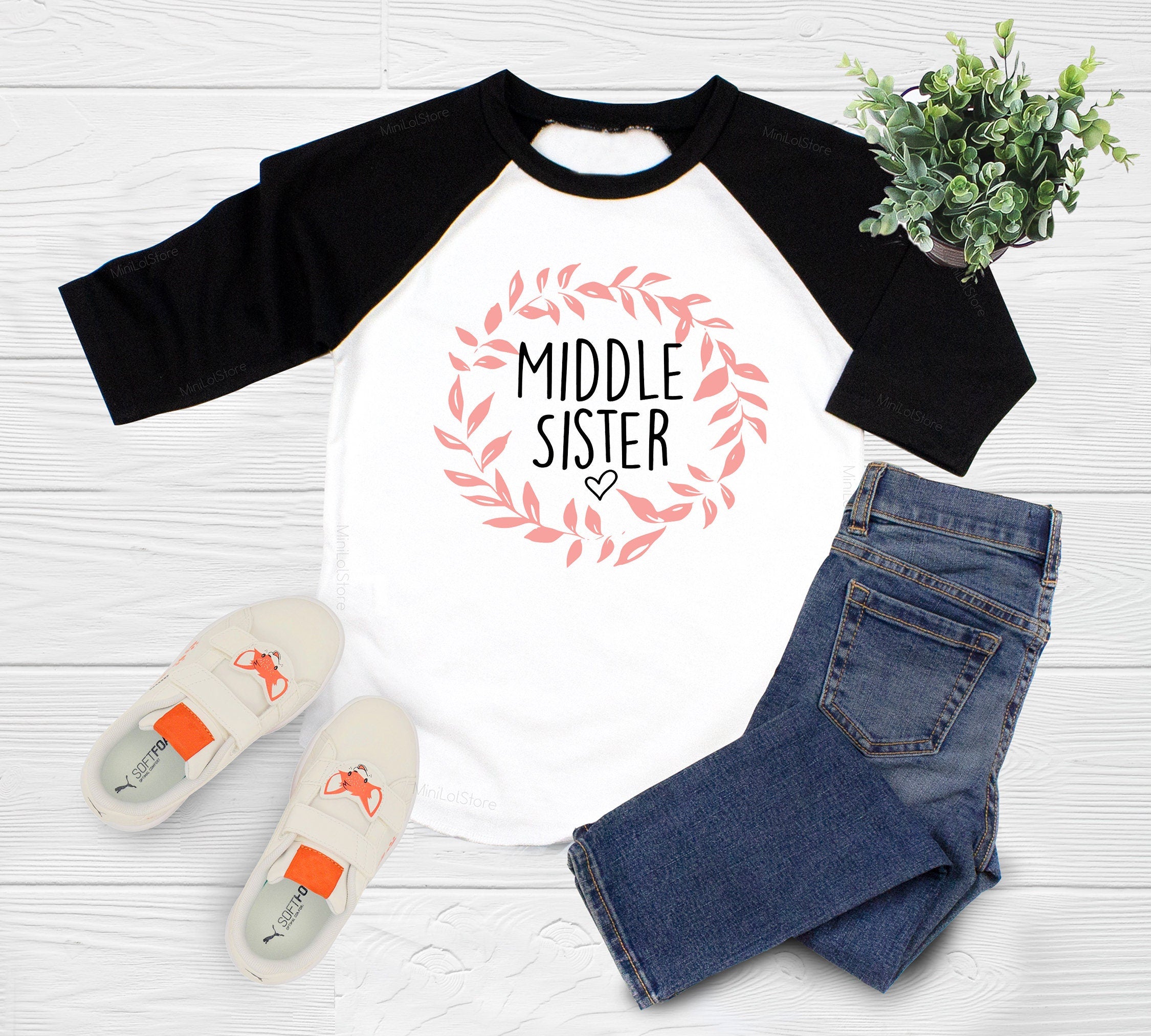 Middle Sister Shirt, Middle Sister Toddler Shirt Burnt Orange Botanical, Middle Sister Toddler Raglan