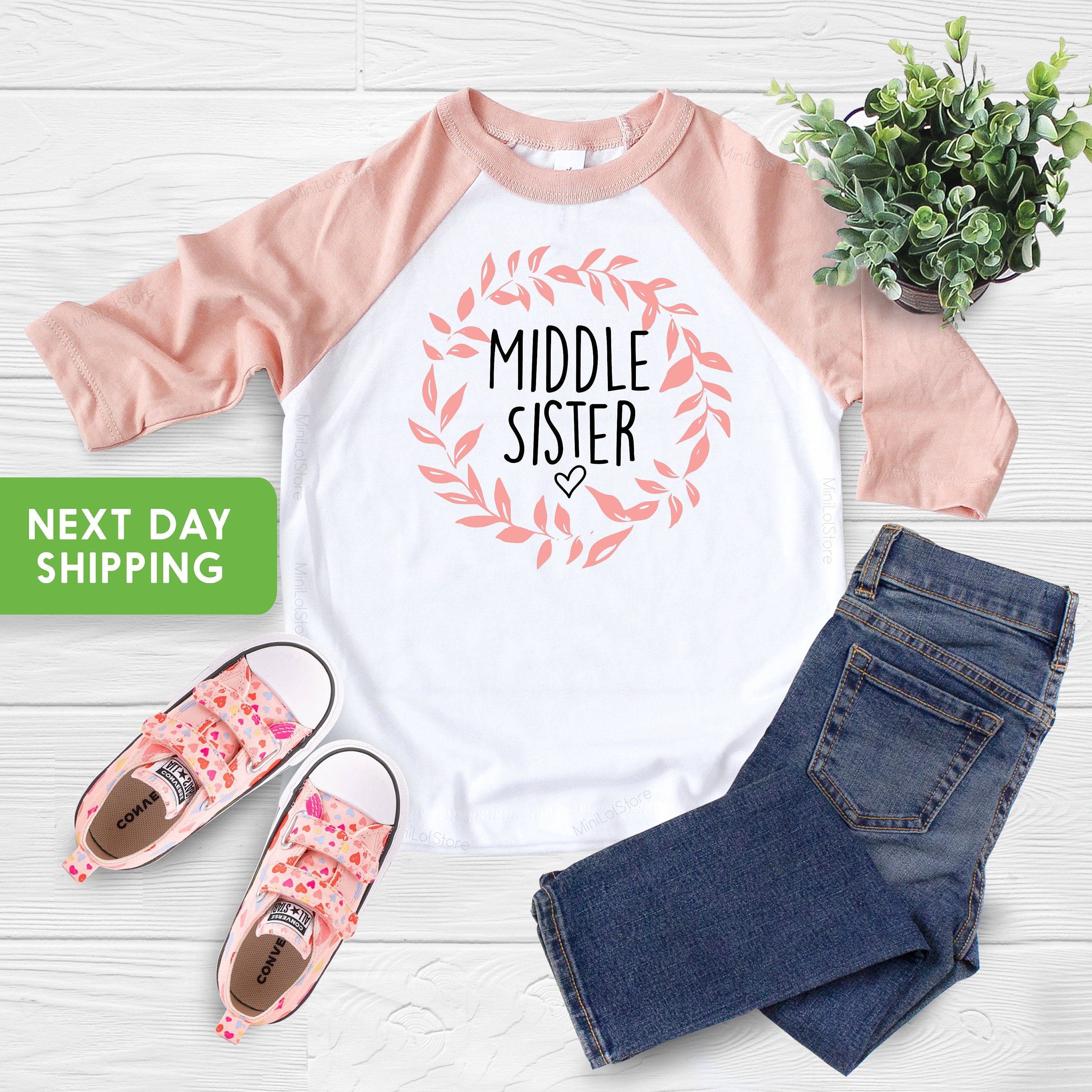 Middle Sister Shirt, Middle Sister Toddler Shirt Burnt Orange Botanical, Middle Sister Toddler Raglan
