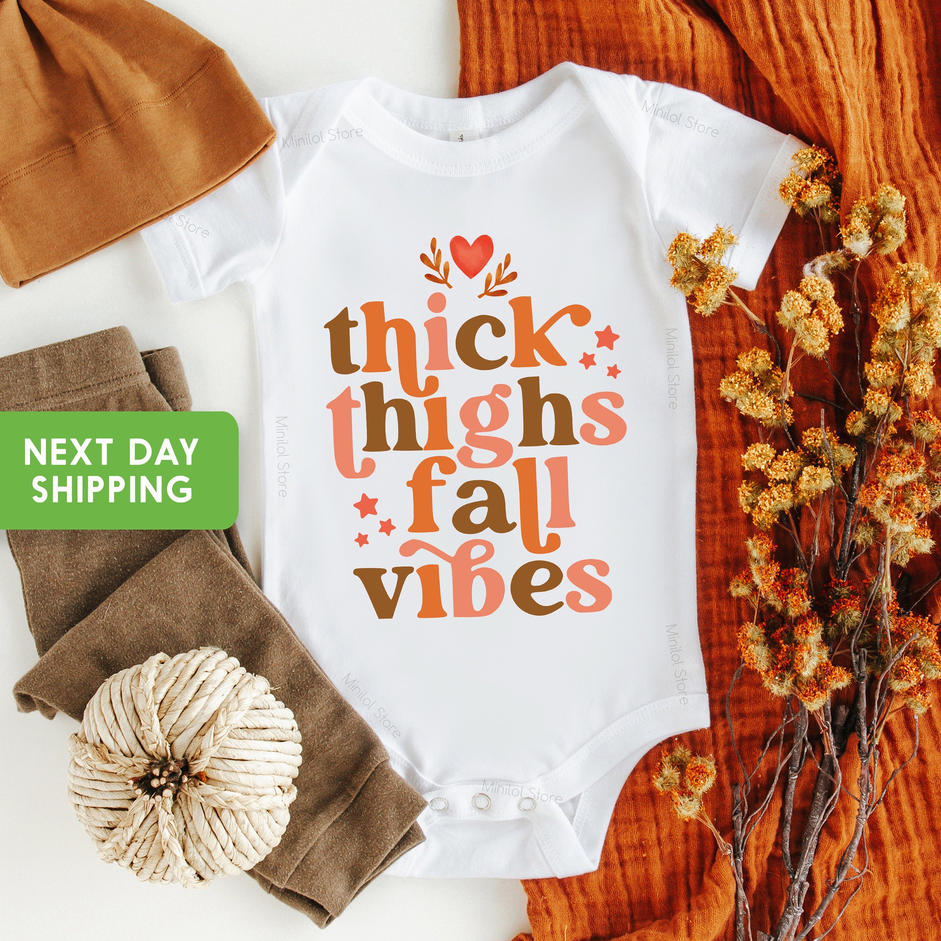 Thick Thighs & Fall Vibes Baby Girl OnesieĀ®, Thanksgiving OnesieĀ®, Autumn Baby OnesieĀ®, Baby OnesieĀ®, Fall Graphic OnesieĀ®