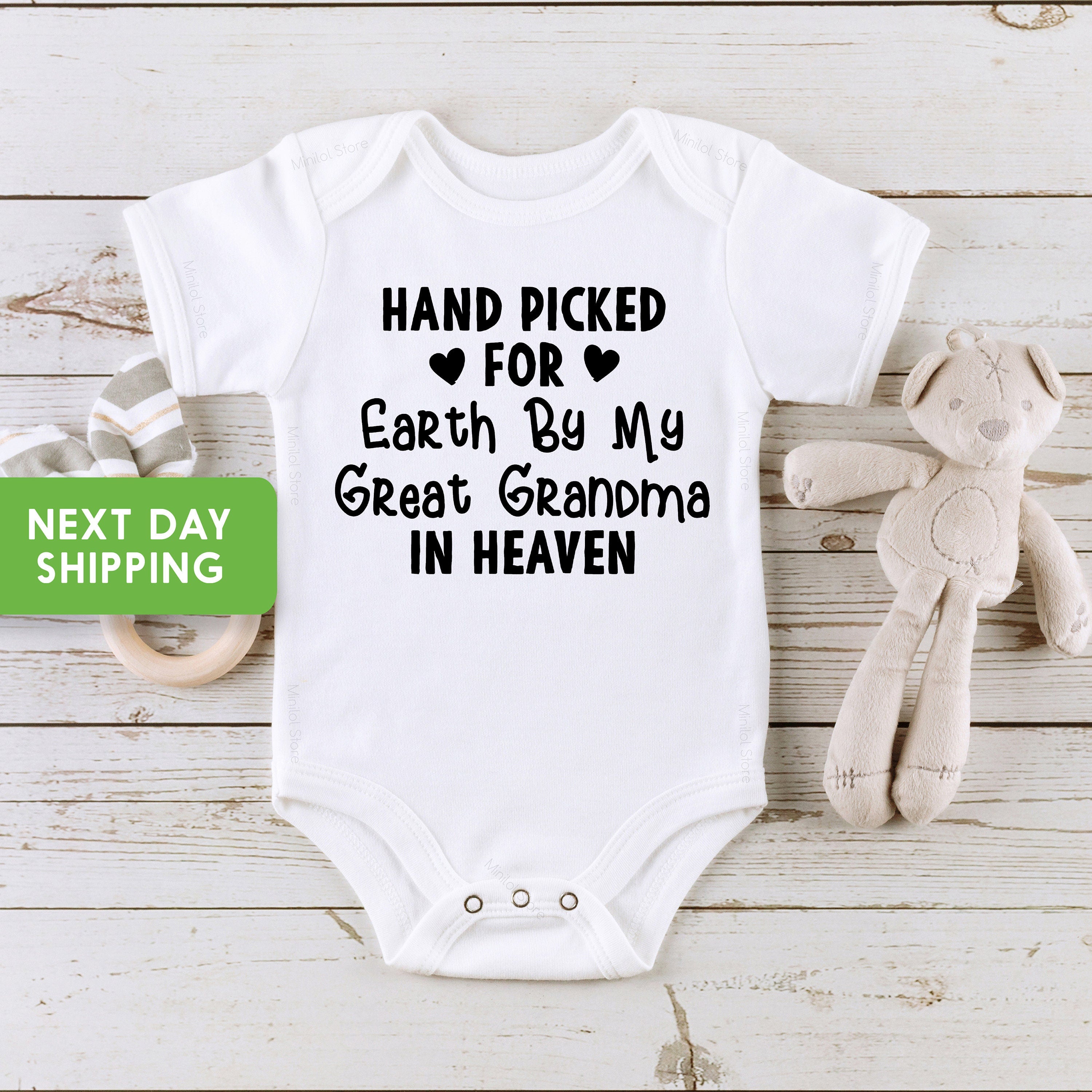 Hand Picked For Earth By My Great Grandma in Heaven Onesie® Pregnancy Announcement Bodysuit, Girl, Gift Baby Boy, Memorial Onesie®