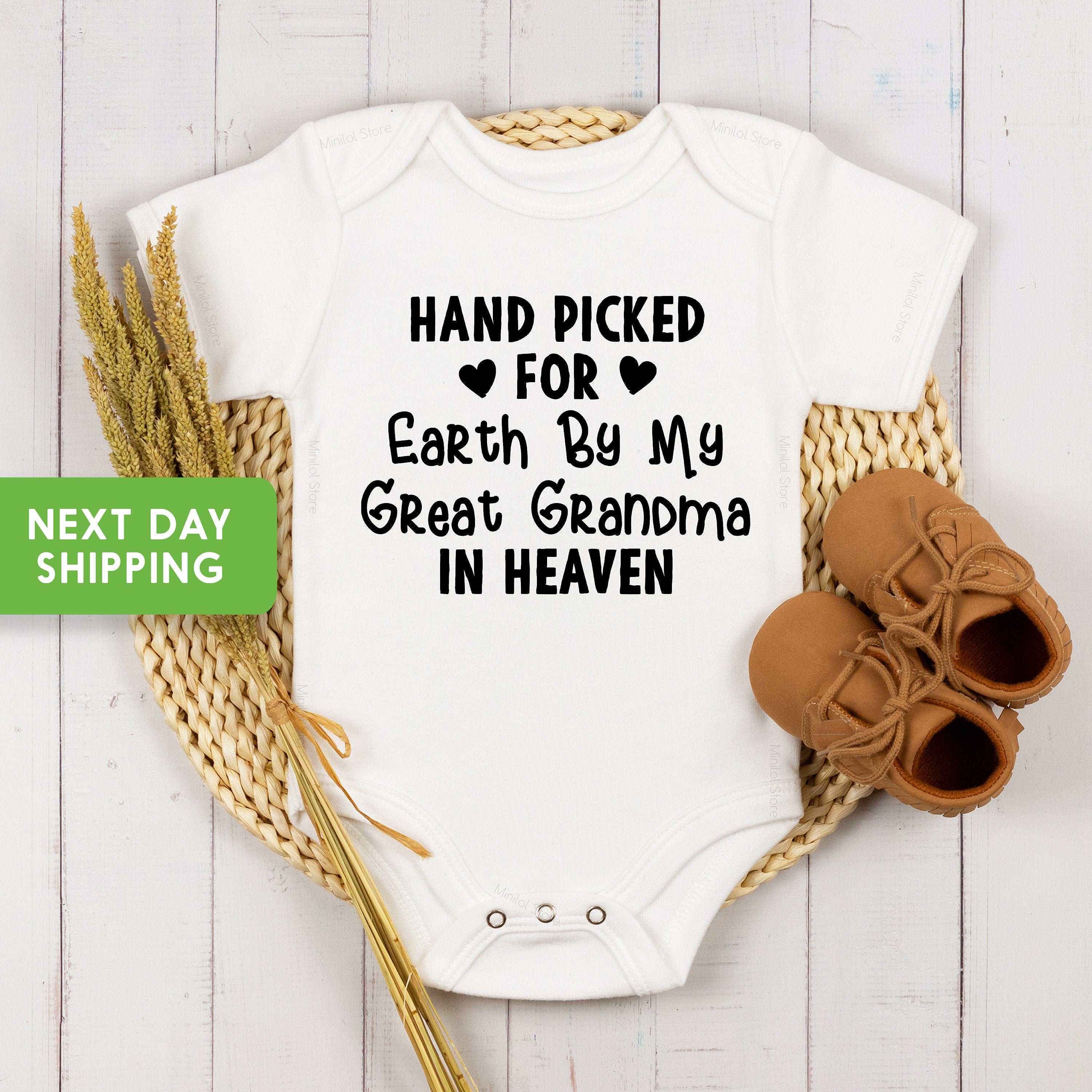 Hand Picked For Earth By My Great Grandma in Heaven OnesieĀ® Pregnancy Announcement Bodysuit, Girl, Gift Baby Boy, Memorial OnesieĀ®