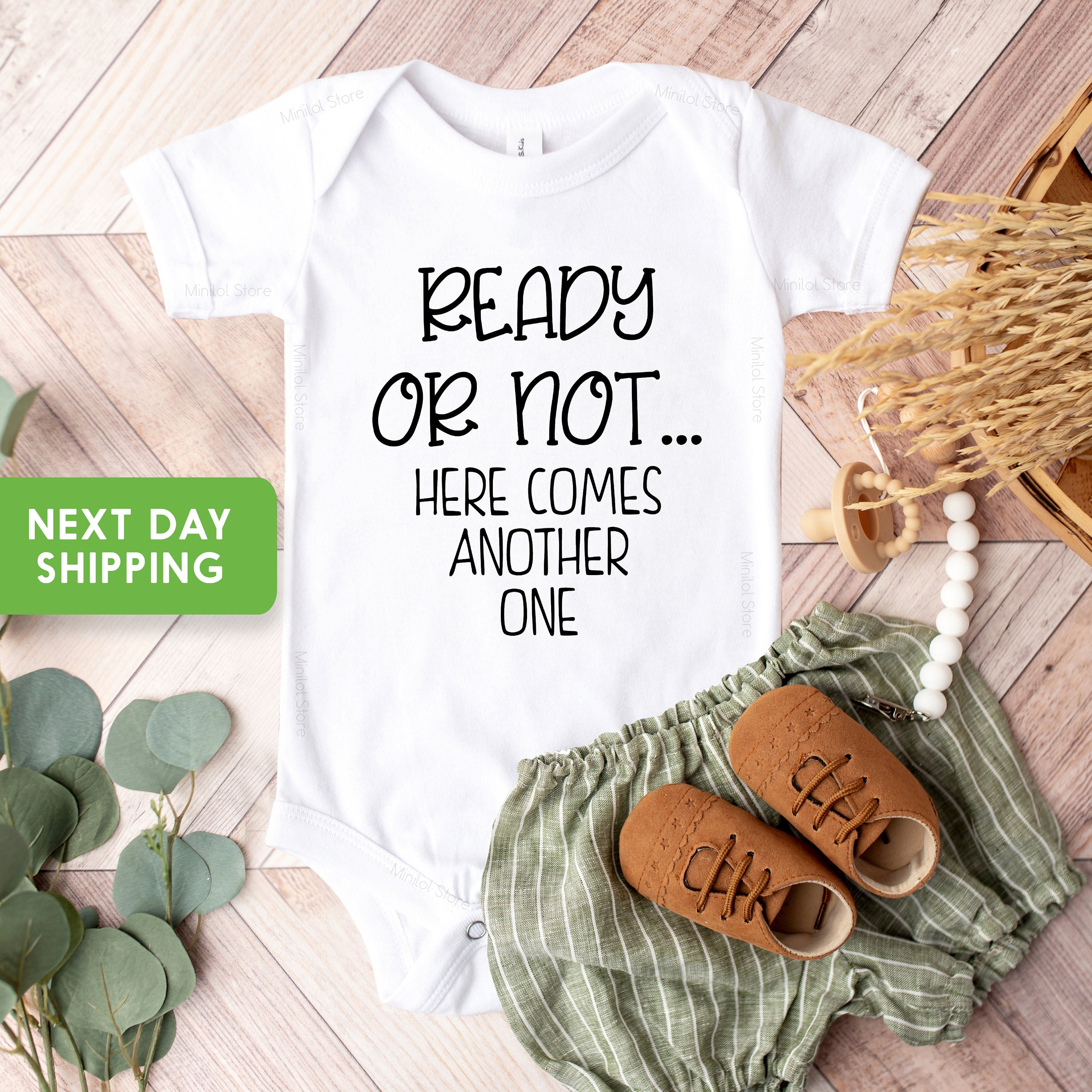 Second Pregnancy Announcement Onesie® Ready Or Not Here Comes Another One Baby Reveal Bodysuit, Due Date Onesie® Pregnancy Reveal