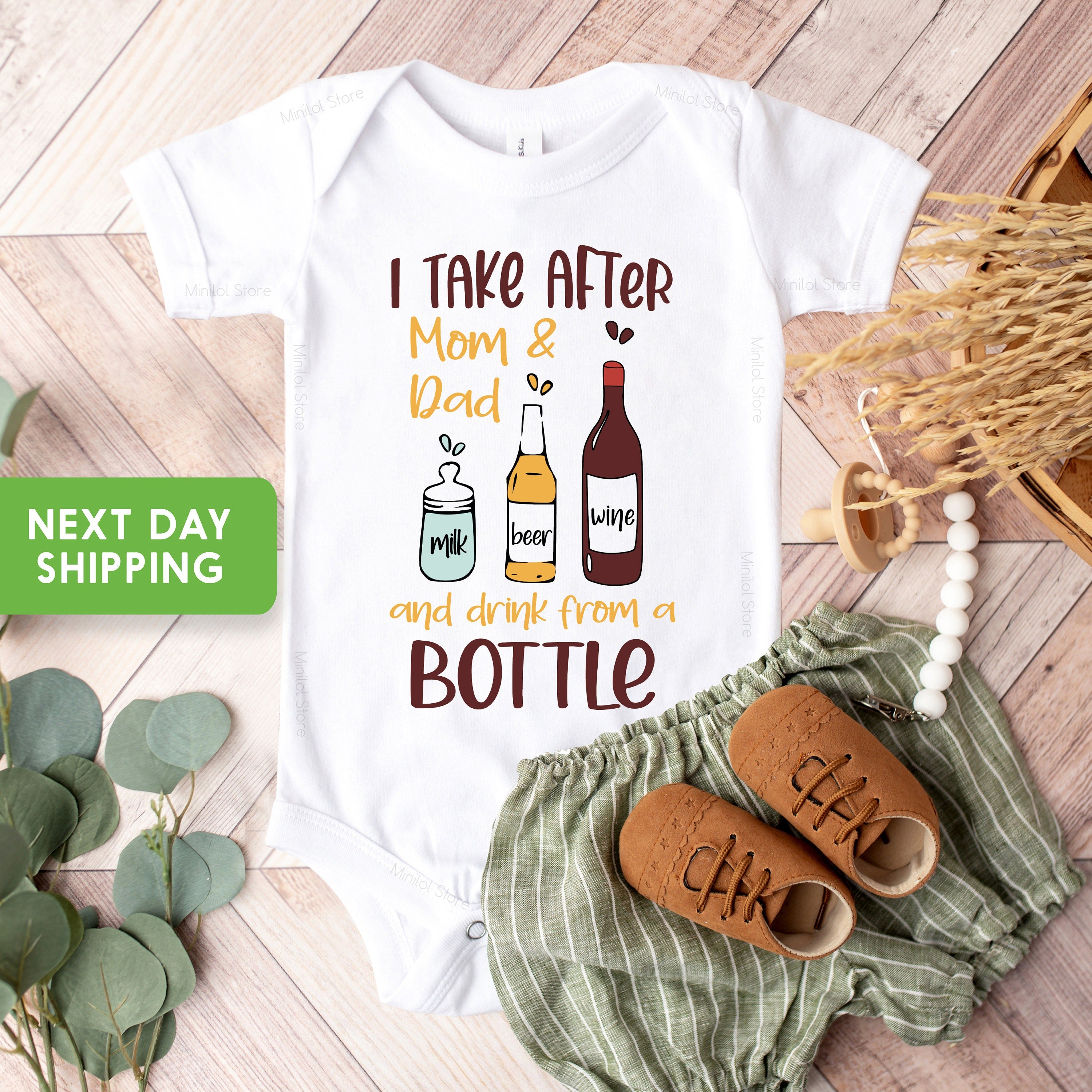 Mom and Dad Drinking, Funny Baby Bodysuit, Funny Baby Shower, Wine, Beer, Milk Bottle Onesie®, Drinking Onesie®, Inappropriate Onesie®