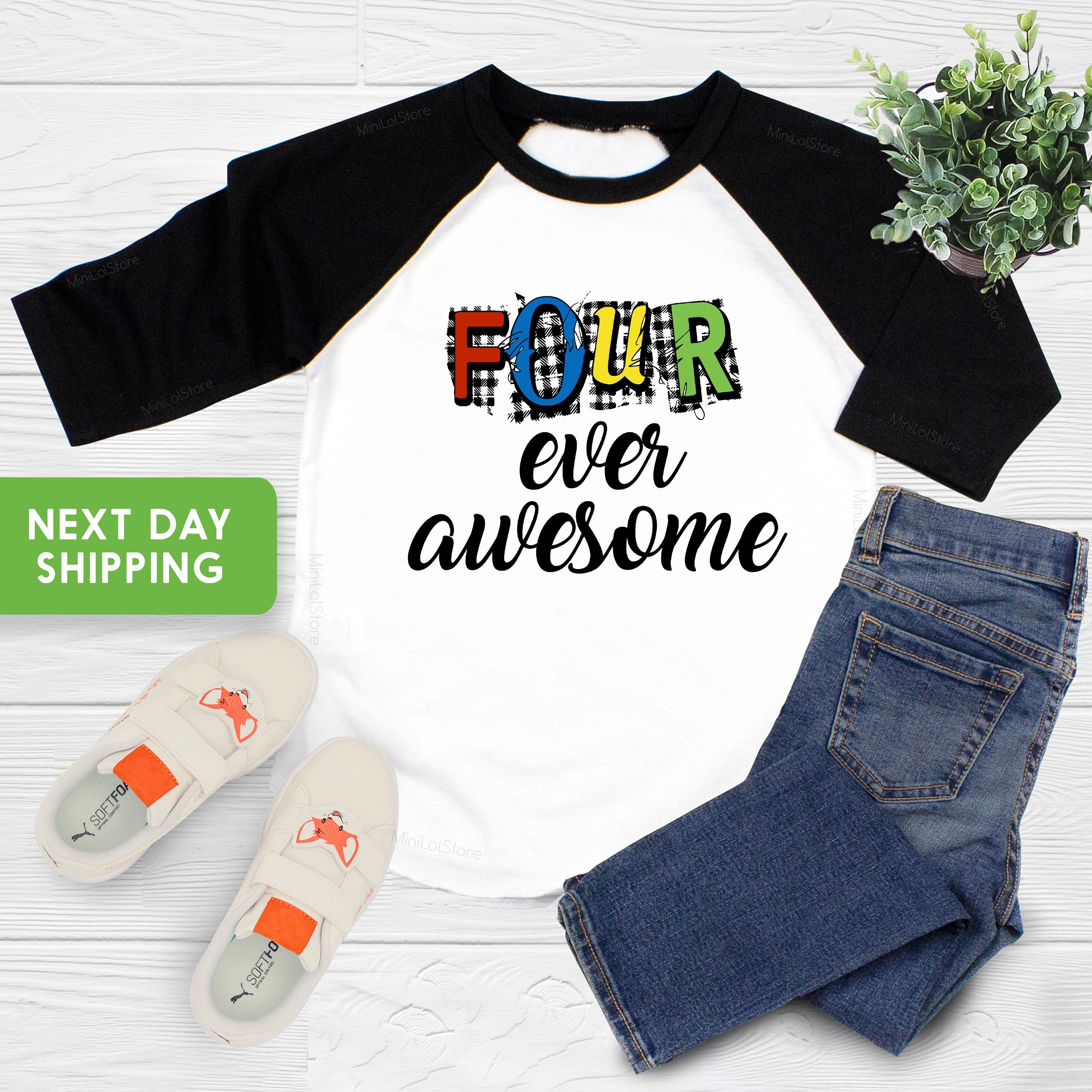 Four Ever Awesome Boy Birthday Shirt, 4th Birthday Raglan Shirt, 4 Year Old Boy Shirt, 4th Birthday Boy Shirt