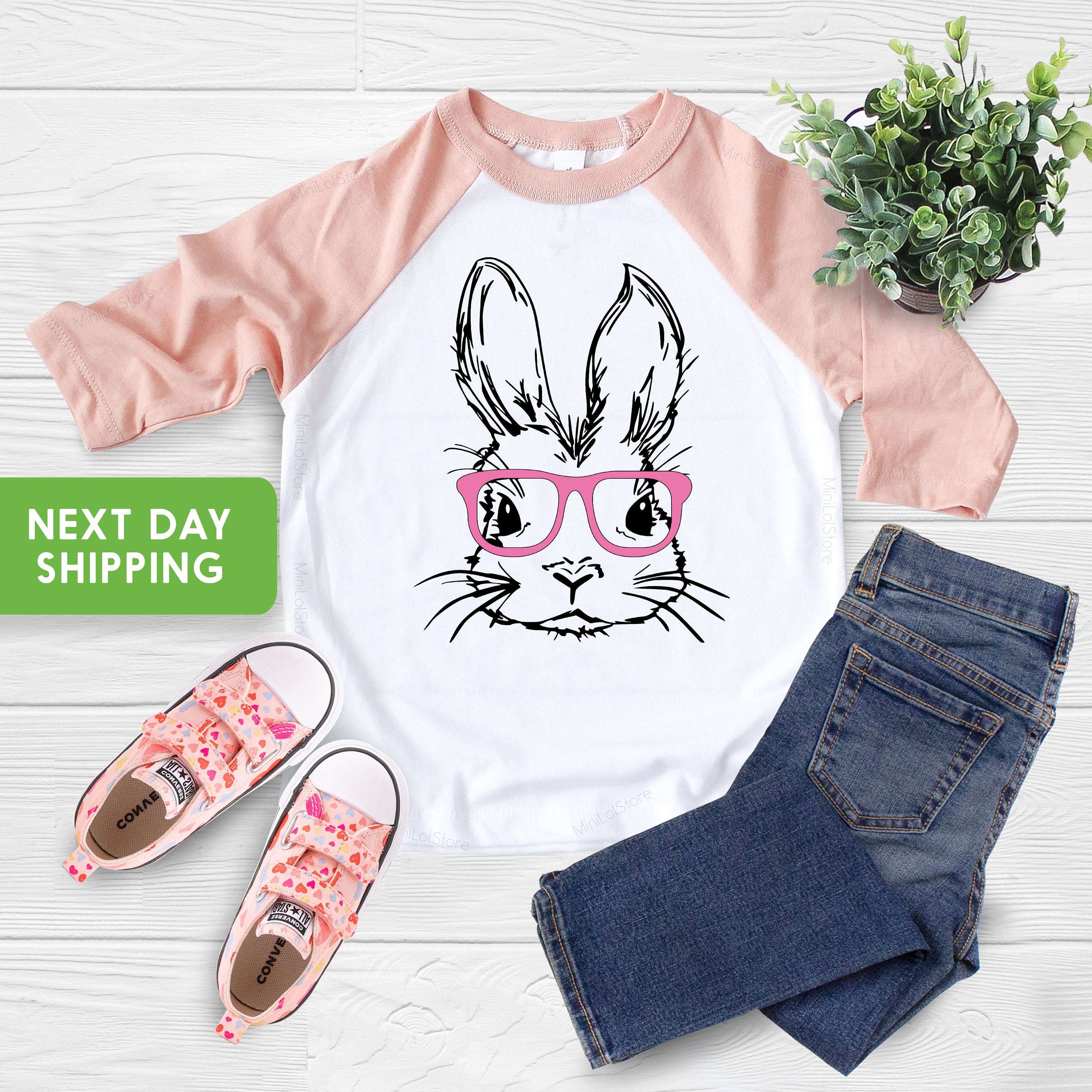 Easter Bunny With Glasses Shirt, Bunny With Glasses Bodysuit, Cute Easter Bodysuit, Easter Day OnesieĀ® Easter Bunny Raglan
