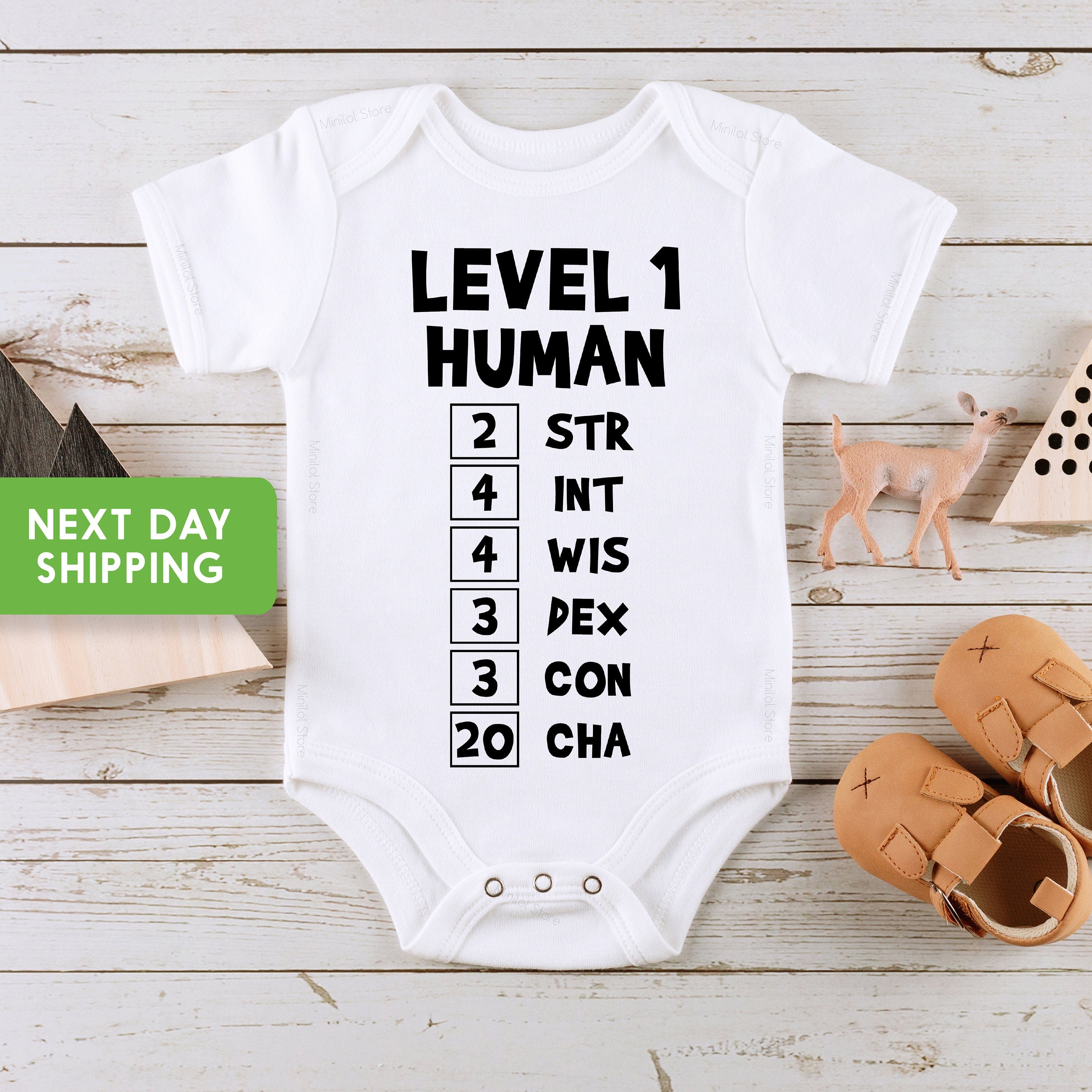 Gaming Baby Onesie®, Level 1 Human, Ability Stats Featuring High Charisma
