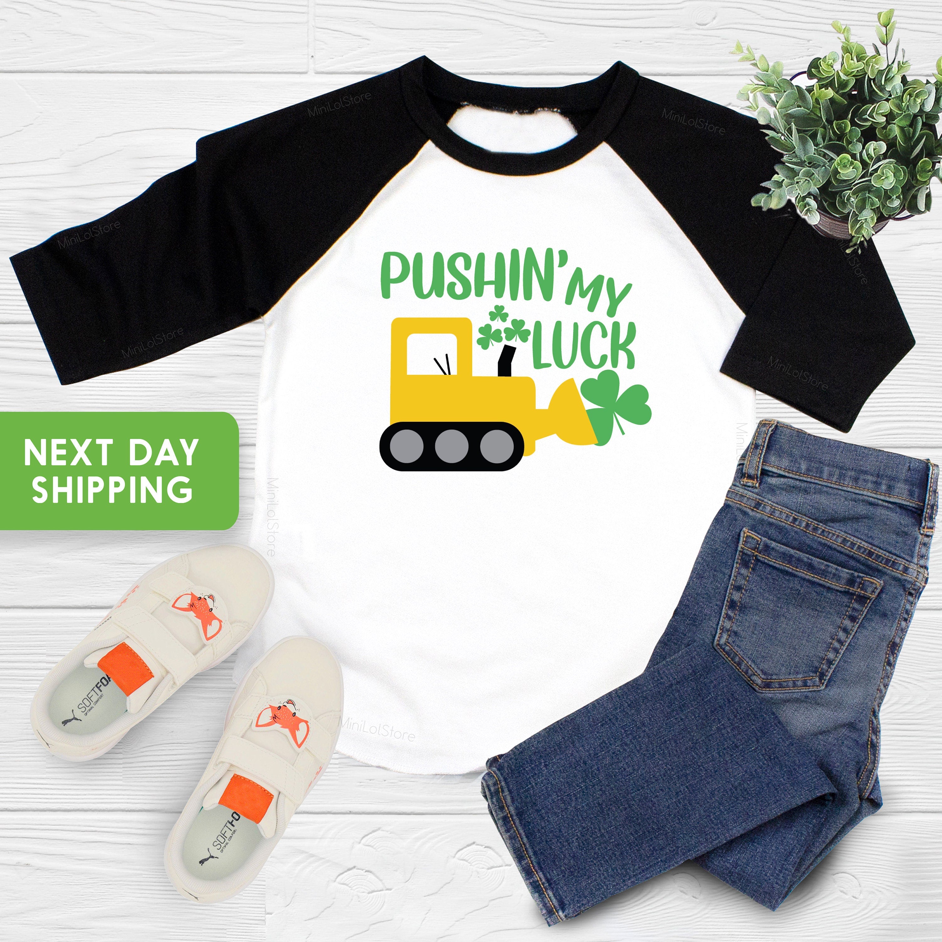 Pushin' My Luck, St Patricks Day Digger Shirt, St Patricks Day Shirt, Boy Shirt, Clover, St Paddys Day, Toddler Shirt, Kids Shirt