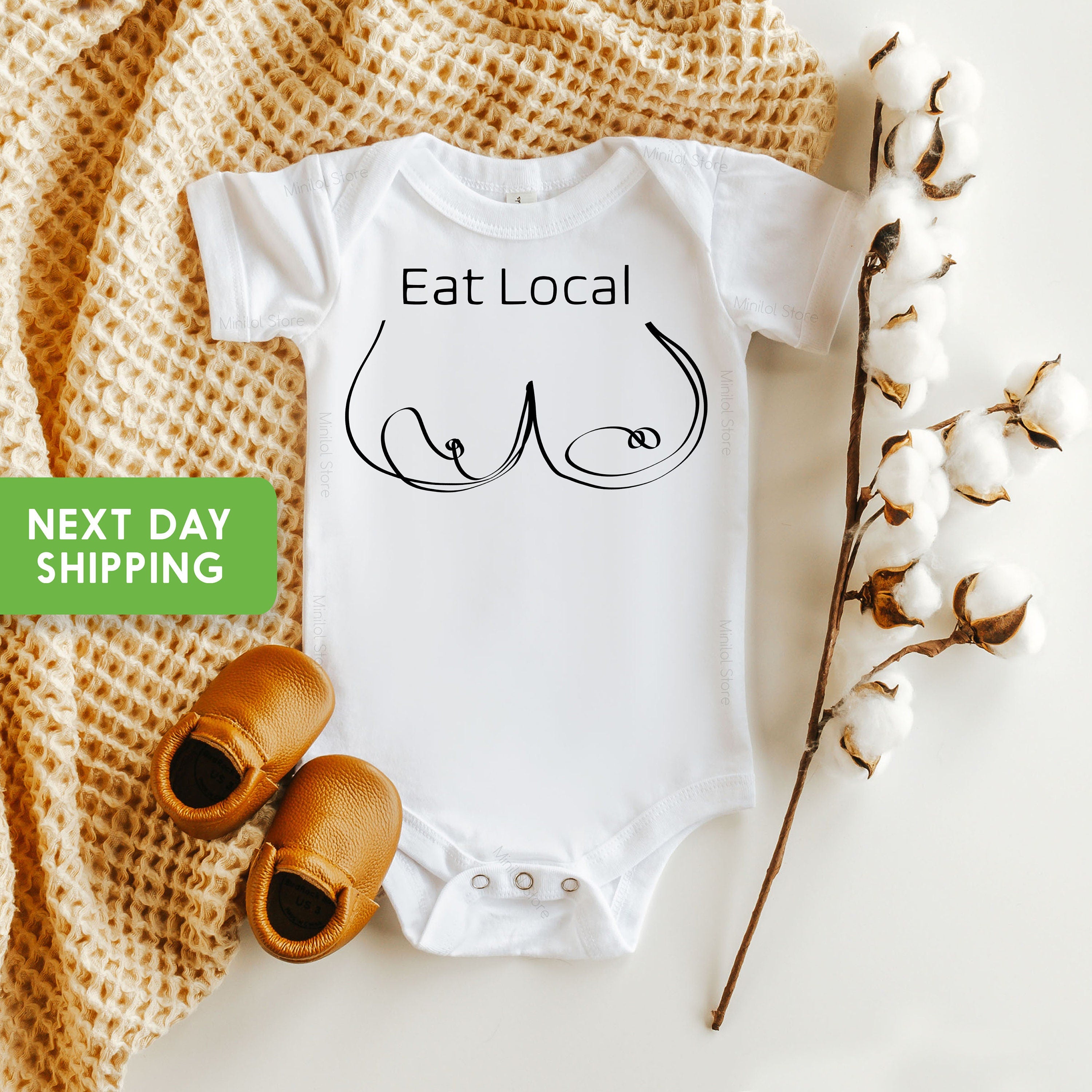 Funny Eat Local Breastfeeding OnesieĀ® Breastfed Baby Bodysuit, Unique Breastfeeding Baby, Cute Baby Bodysuit