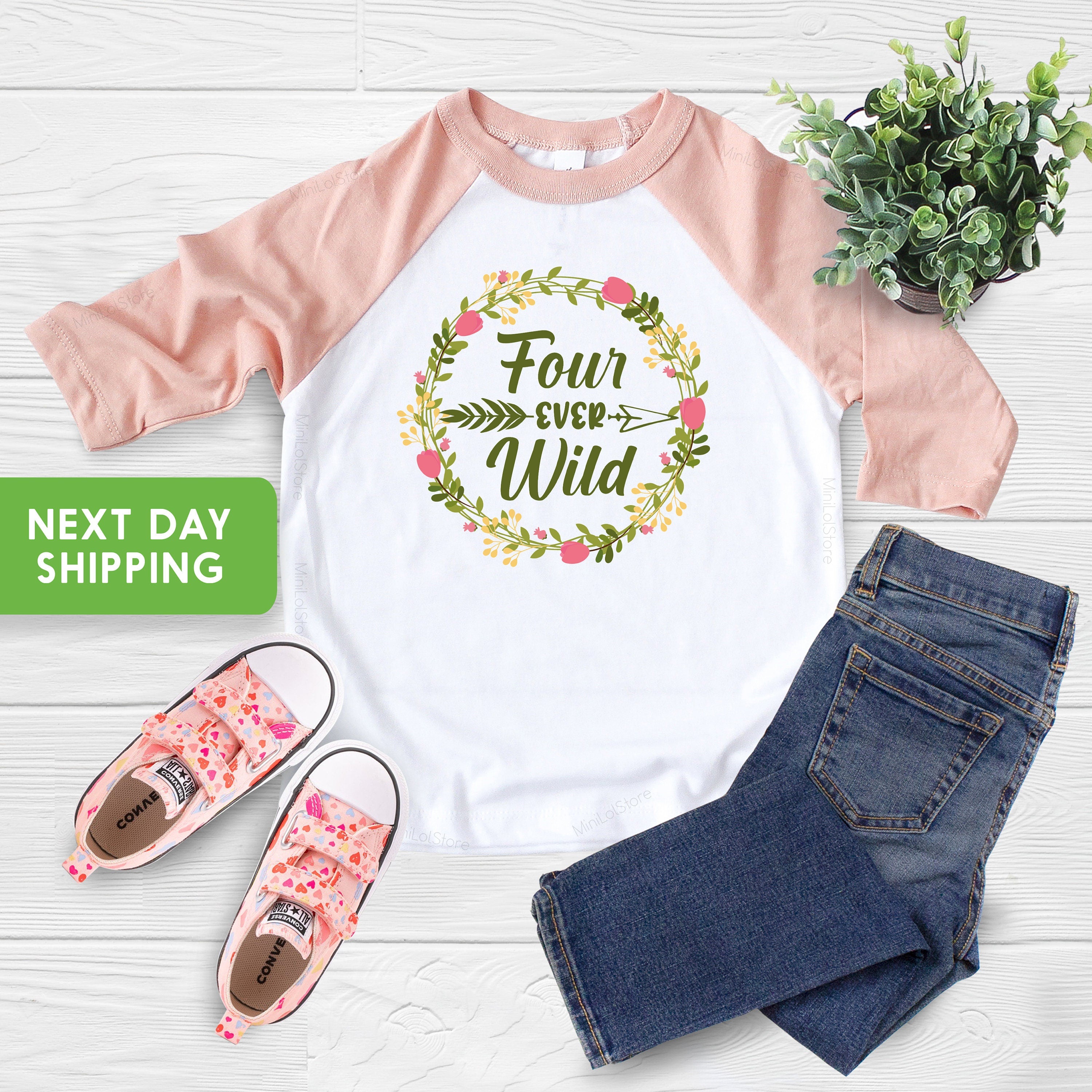 Fourth Birthday Shirt, Girl Boho Floral Birthday Shirt, 4th Birthday Flower Wreath Raglan, Four Ever Wild shirt