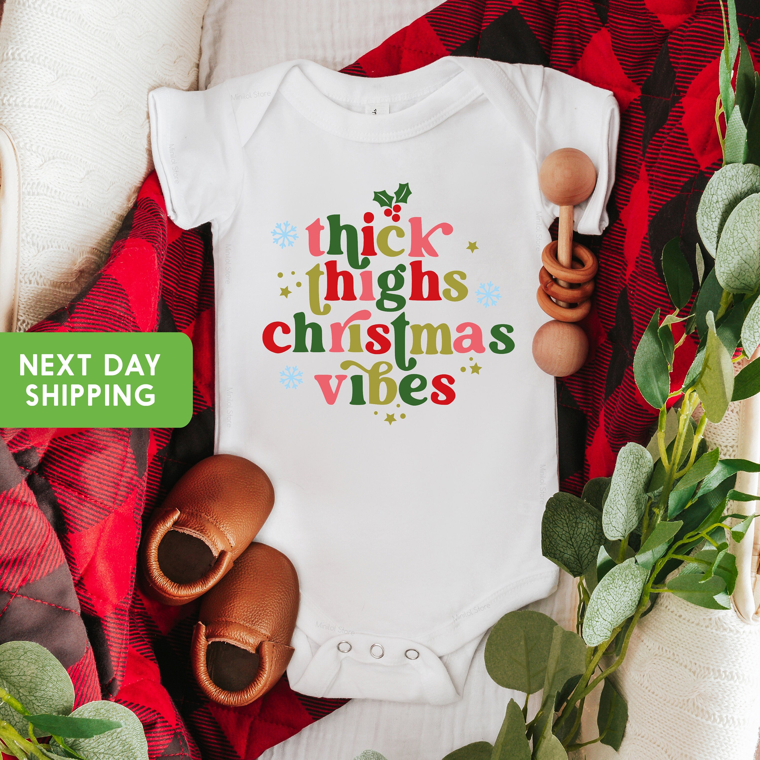 Thick Thighs & Christmas Vibes Baby OnesieĀ® Santa Holiday Shirt, Christmas Mistletoe Baby Boy Girl OnesieĀ® Kids Shirt