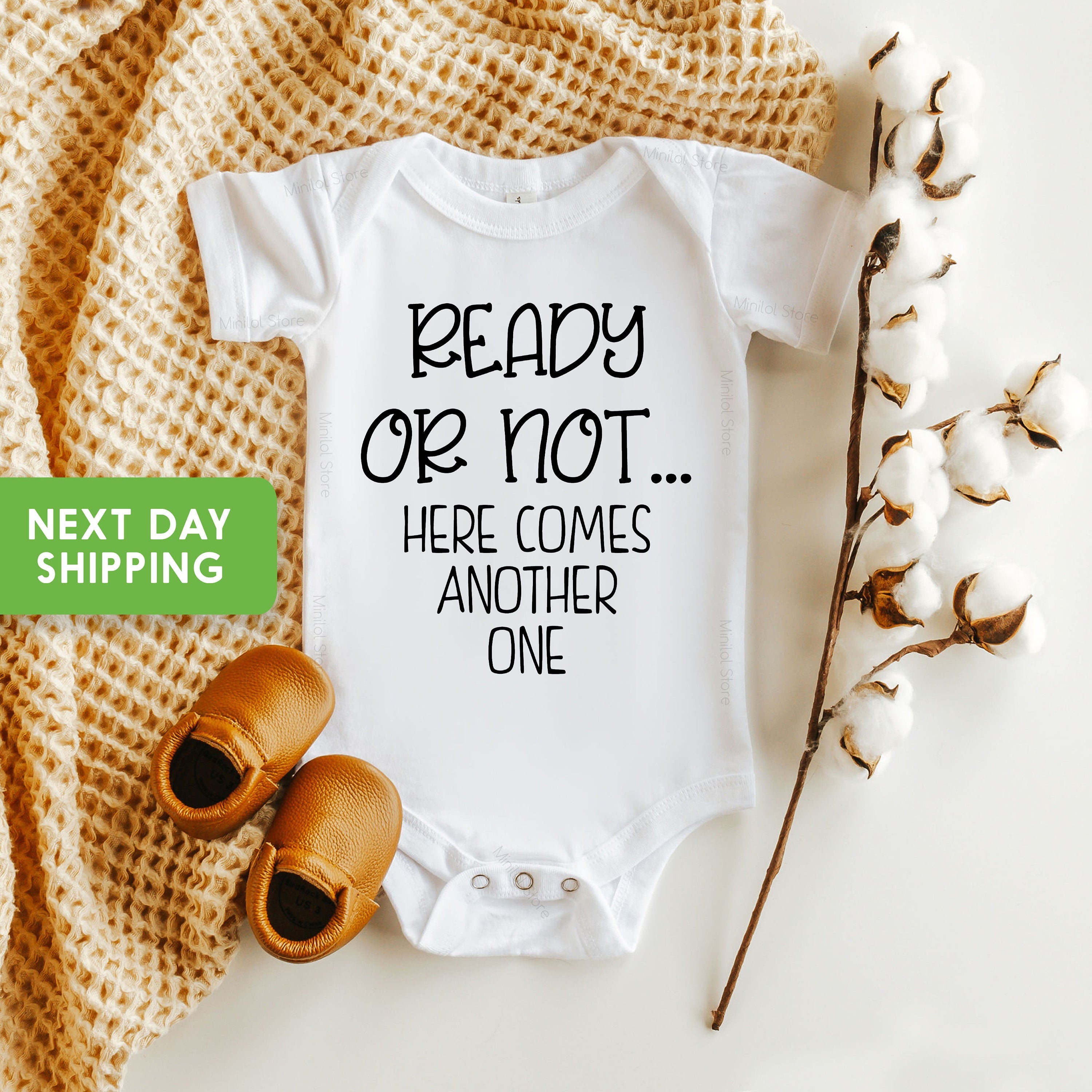 Second Pregnancy Announcement Onesie® Ready Or Not Here Comes Another One Baby Reveal Bodysuit, Due Date Onesie® Pregnancy Reveal