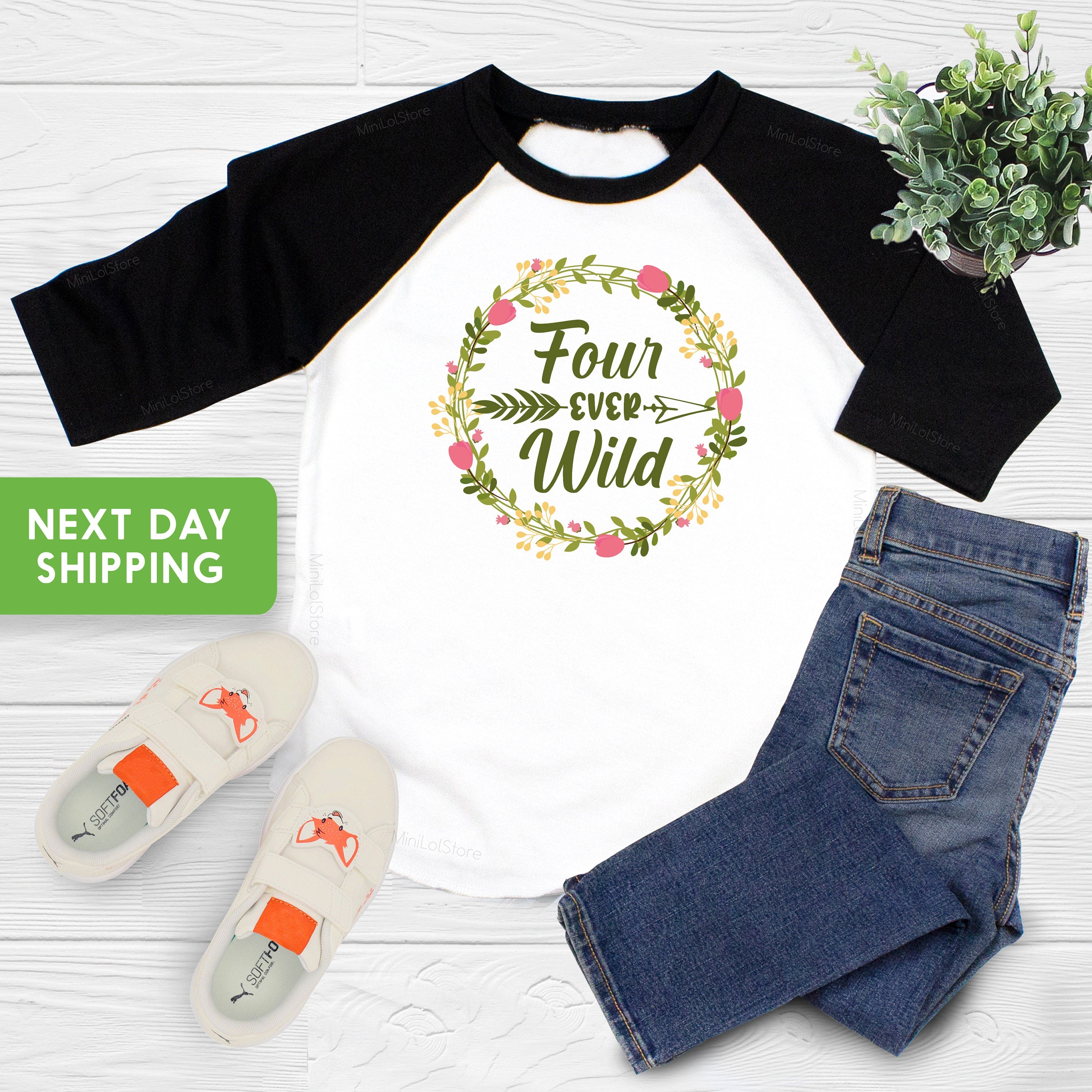 Fourth Birthday Shirt, Girl Boho Floral Birthday Shirt, 4th Birthday Flower Wreath Raglan, Four Ever Wild shirt