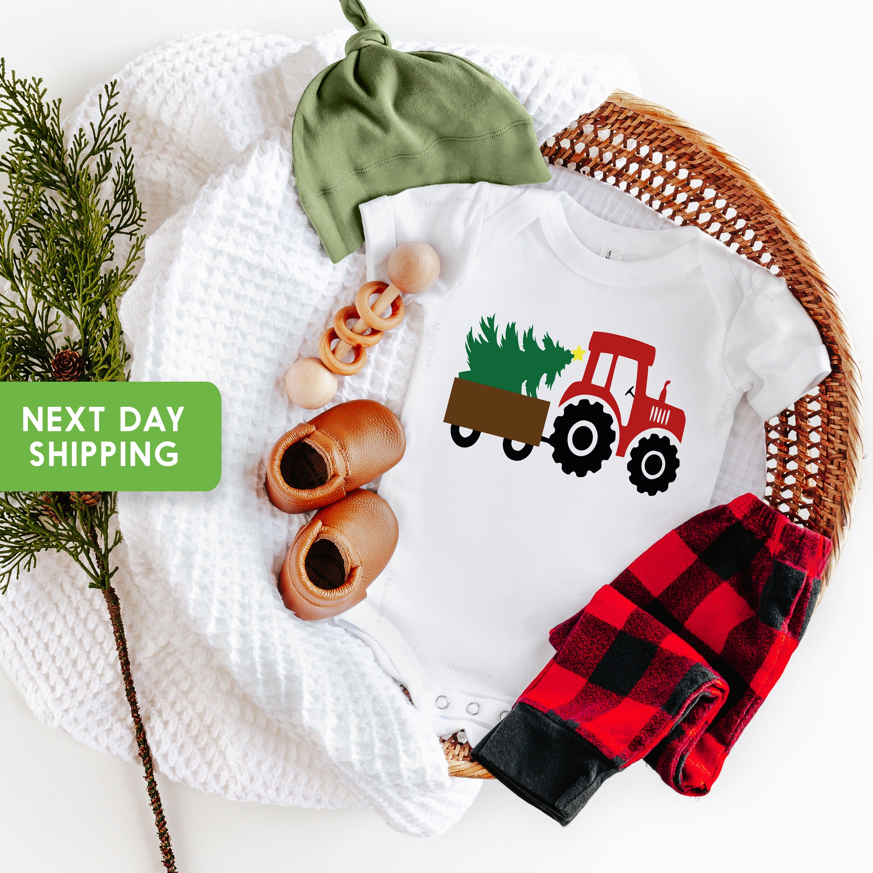 Christmas Tractor With Tree OnesieĀ® Christmas Raglan, Christmas Shirts, Christmas Red Truck
