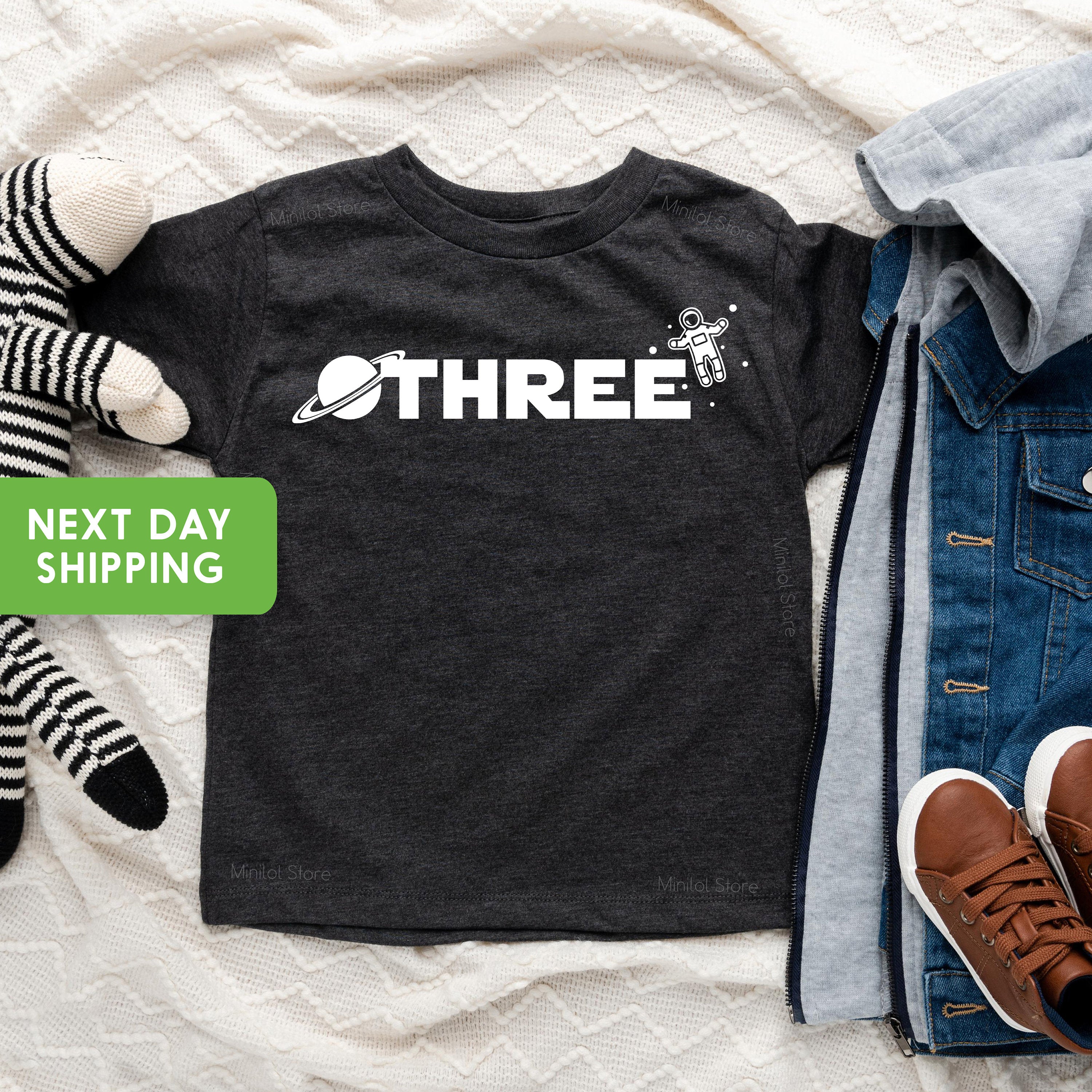 Three Space Shirt, Space Birthday T-Shirt, Astronaut Party Shirt, Third Birthday Tee, Space Party Shirt, Three Year Birthday Party Shirt