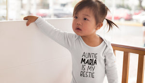 Personalized Auntie Is My Bestie typographic design on Baby Short 18 Month Onesie