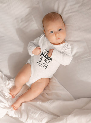 Personalized Auntie Is My Bestie typographic design on Baby Short 12 Month Onesie