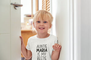 Personalized Auntie Is My Bestie typographic design on Baby Long Newborn Onesie