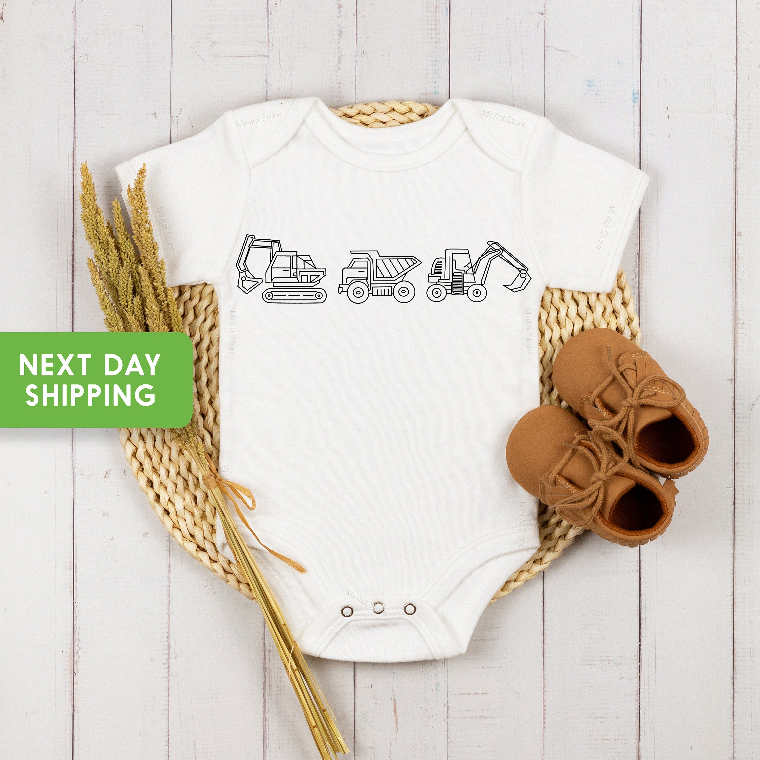 Three Construction Machines Baby Onesie®, Truck Baby Onesie®, Excavator Baby Onesie®