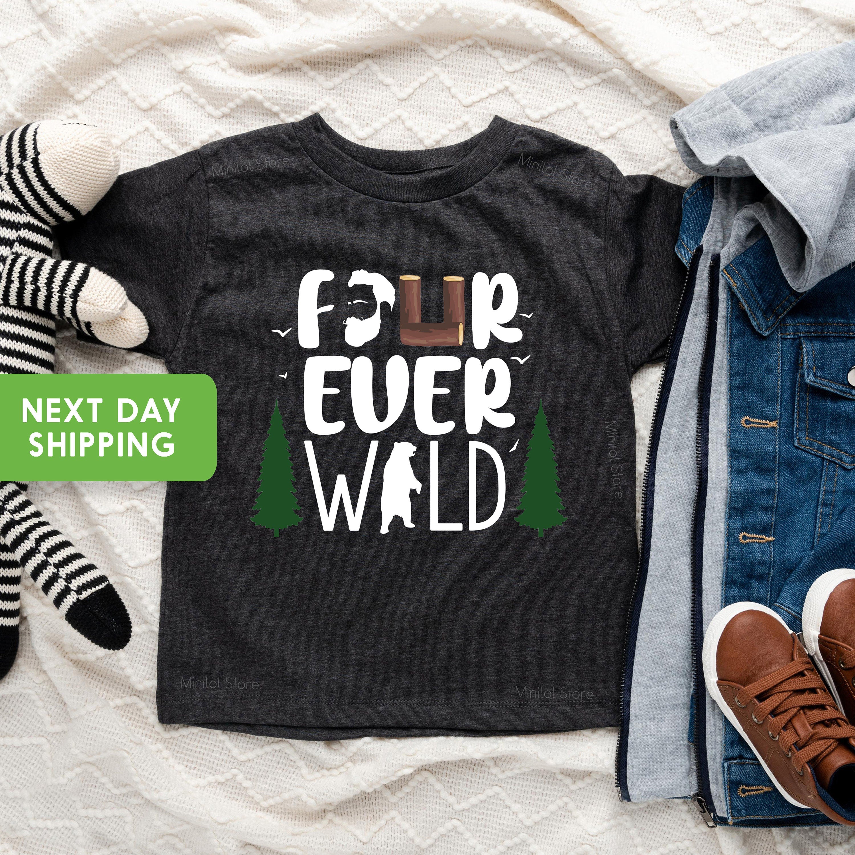 4rd Birthday Boy Shirt, Fourth Birthday Shirt, Four Ever Wild Boy Shirt, Fourth Birthday Buffalo Plaid Boy Shirt