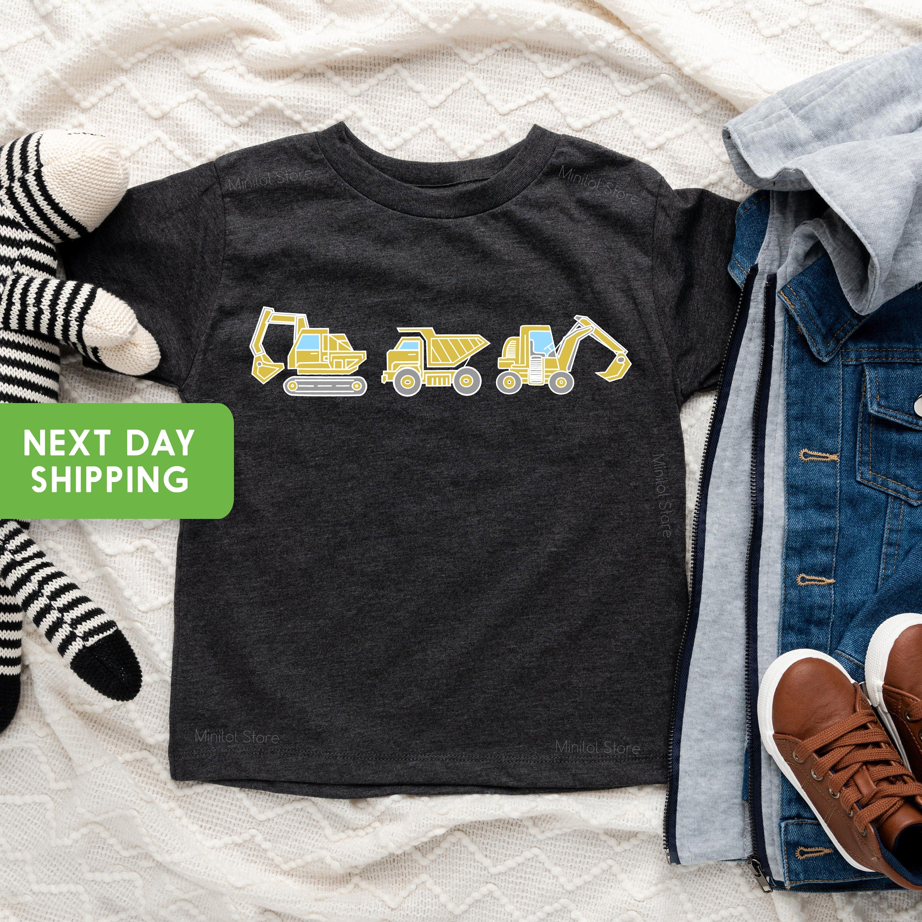 3 Construction Machines Kids T-Shirt, Truck Toddler Shirt, Excavator Kids Shirt