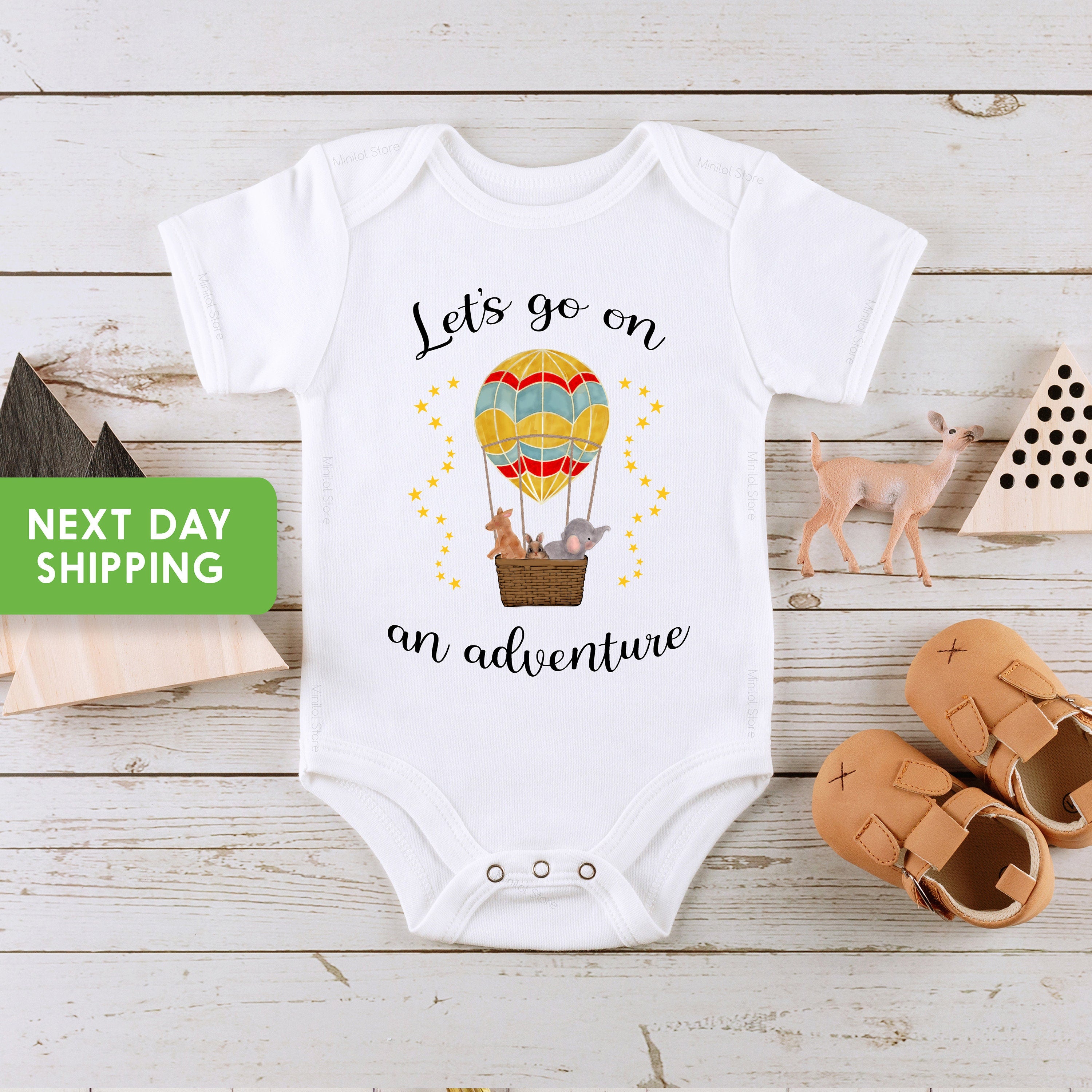 Let's Go On An Adventure OnesieĀ®, Hot Air Balloon Bodysuit, Zoo Baby Shower Gift, Boho Baby OnesieĀ®
