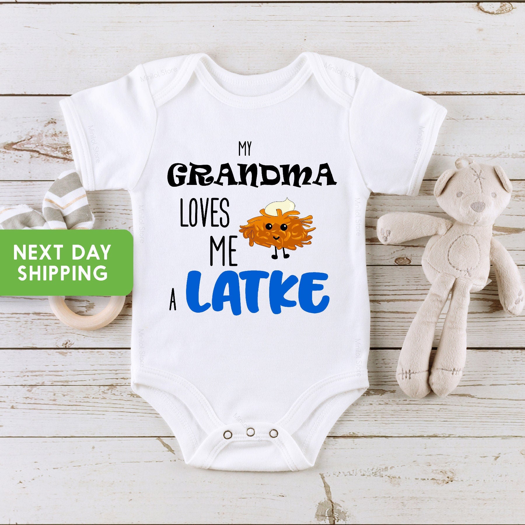 Grandma Loves Me A Latke Grandma Baby OnesieĀ®, Jewish Baby Shower Gift, Funny Hanukkah Baby OnesieĀ®, Hanukkah Bodysuit