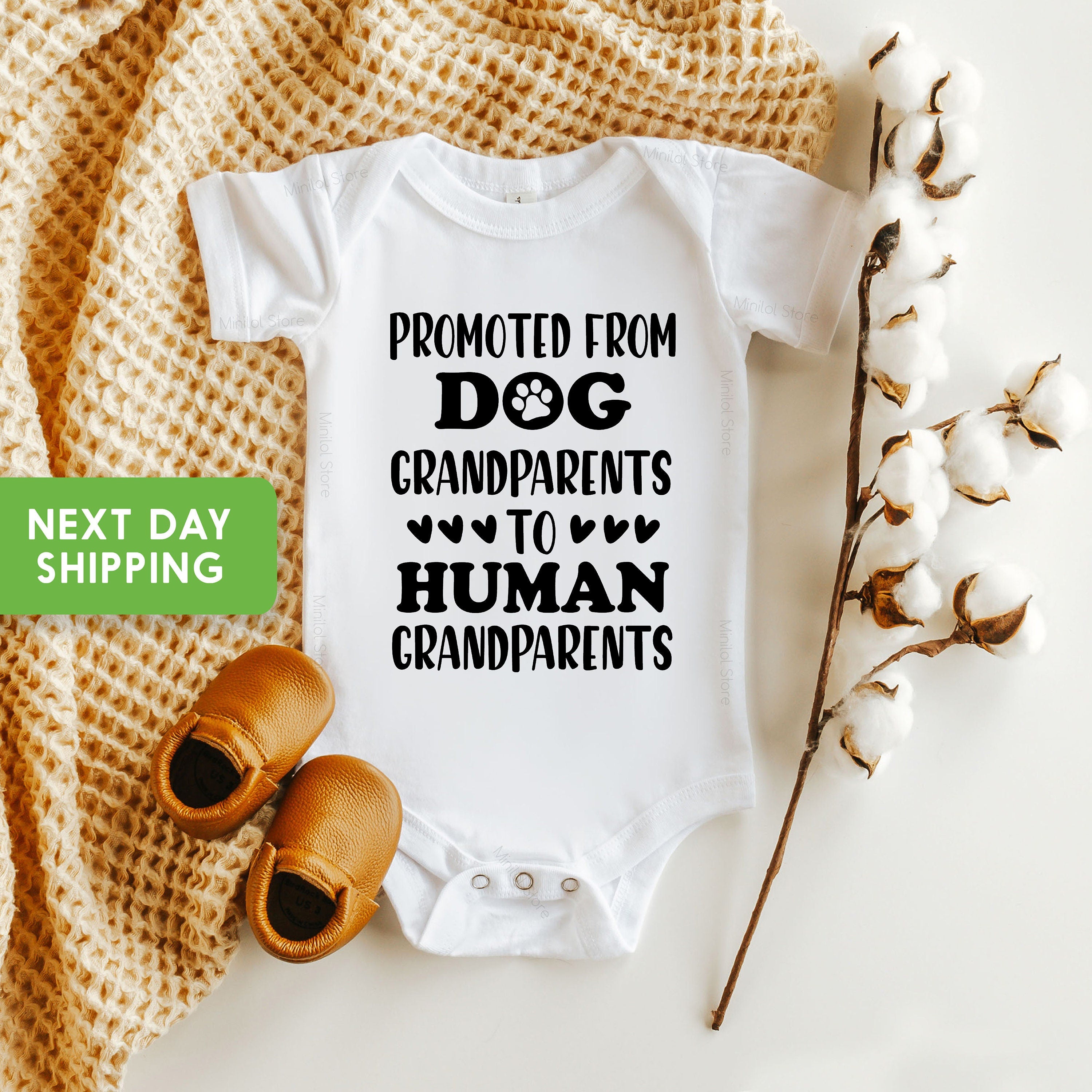 Baby Announcement Onesie®, Promoted From Dog Grandparents Promoted To Human Grandparents Onesie®, Grandparents Reveal