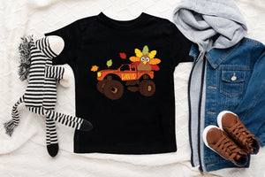 Baby bodysuit and kids shirt style options for Personalized Turkey Monster Truck