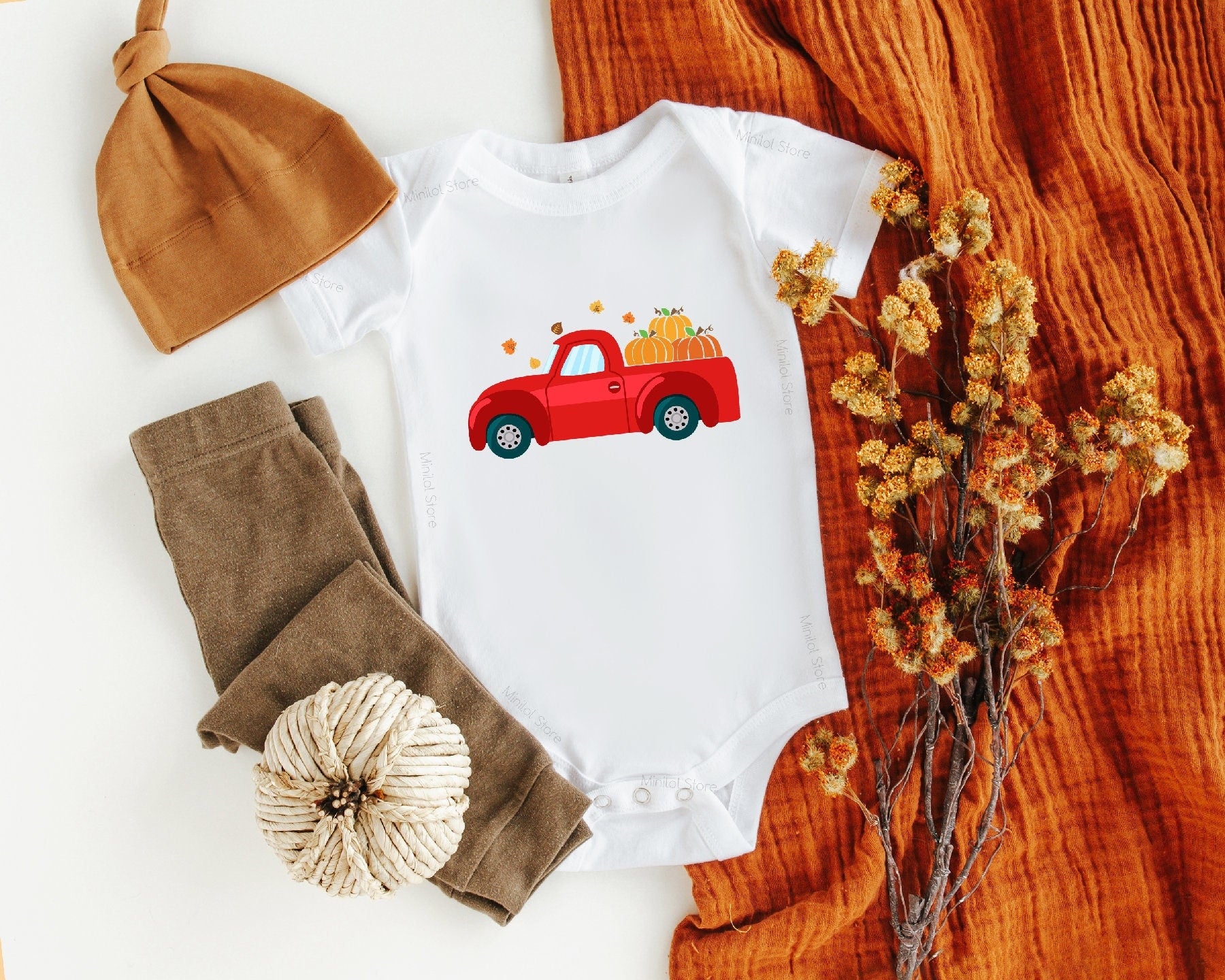 Fall Red Truck OnesieĀ®, Pumpkin Truck Baby Outfit, Truck OnesieĀ®, Baby Autumn OnesieĀ®, Red Truck Boy Bodysuit