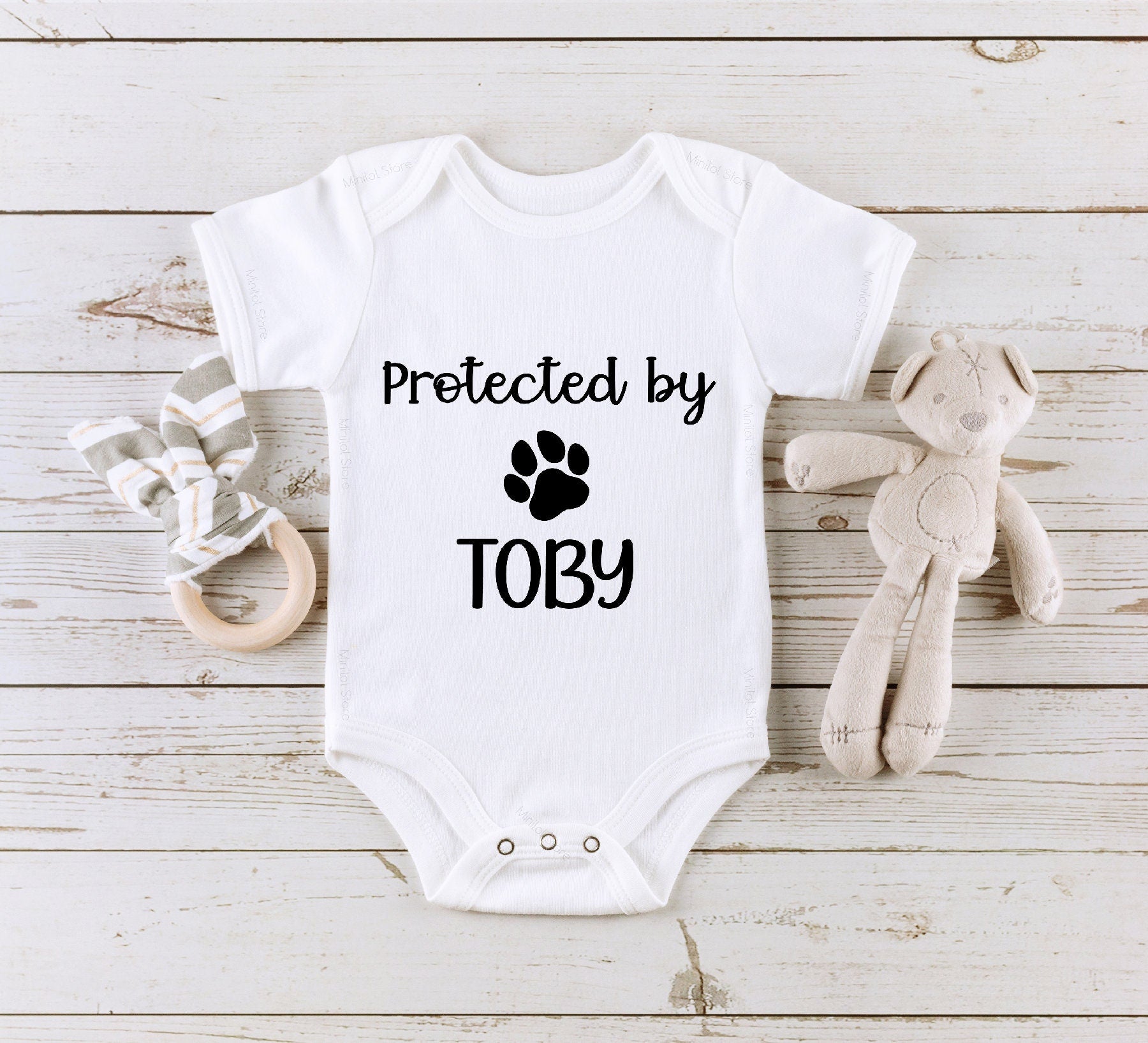 Protected by Dog Baby Onesie®, Personalized Dog Name Baby Onesie®, Cute Pet Baby Onesie®, New Best Friend Baby Bodysuit, Custom Dog Name