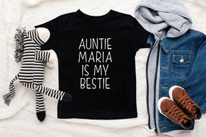 Personalized Auntie Is My Bestie typographic design on Baby Short 3-6 Month Onesie