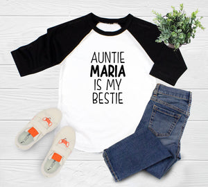Personalized Auntie Is My Bestie typographic design on Baby Short 6-9 Month Onesie