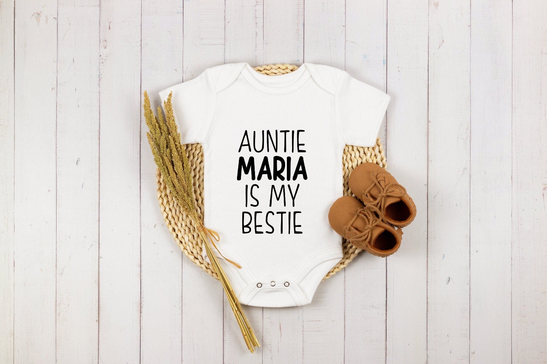 Personalized Auntie Is My Bestie typographic design on Baby Short Newborn