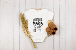 Personalized Auntie Is My Bestie typographic design on Baby Short Newborn