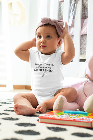 Personalized Will You Be My Godfather typographic design on Baby Short 12 Month Onesie
