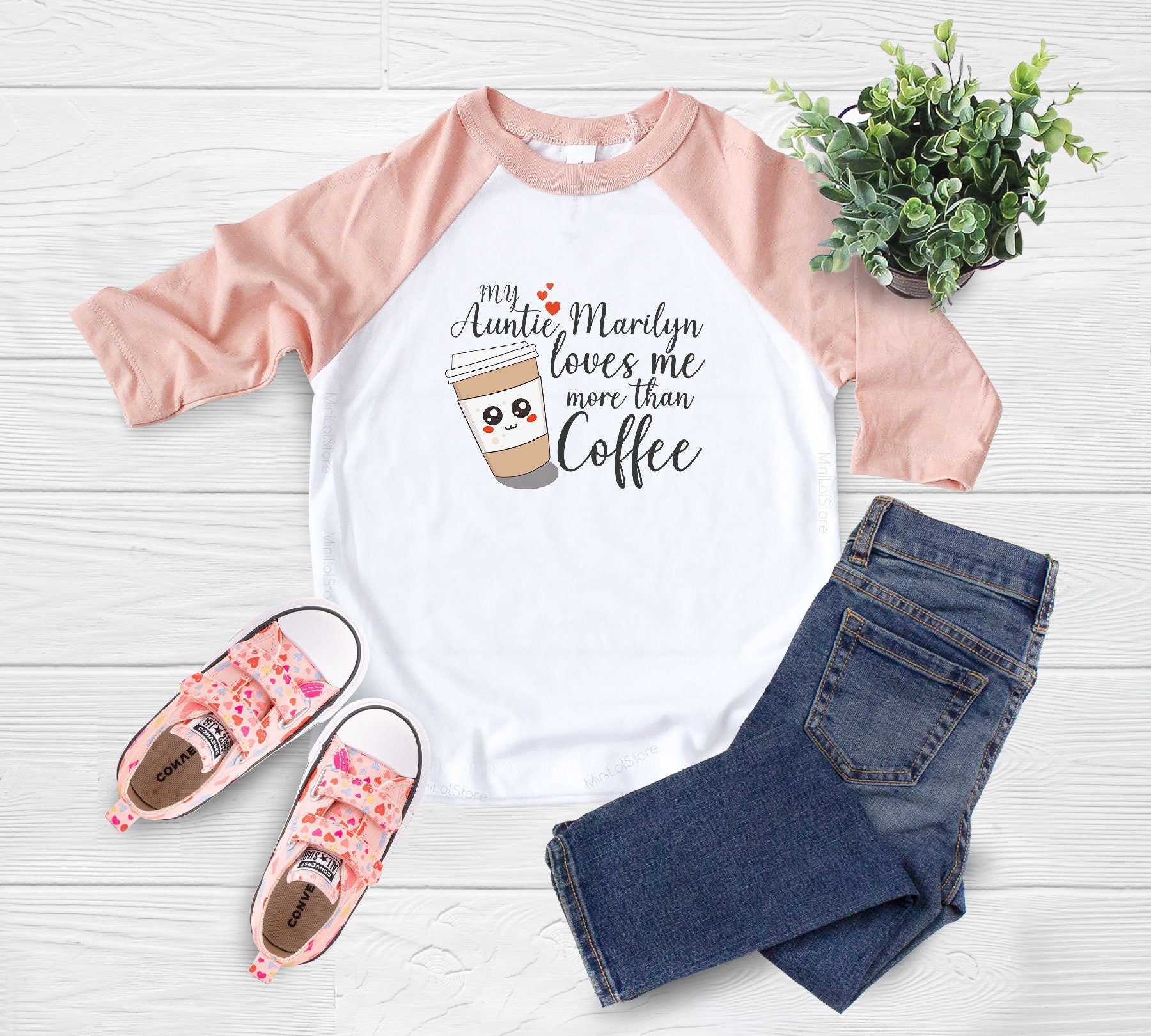 Personalized Aunt Shirt, Funny My Auntie Loves Me More Than Coffee Kids Shirt, Personalized Baby Shower Gift, Niece/ Nephew Baby Gift
