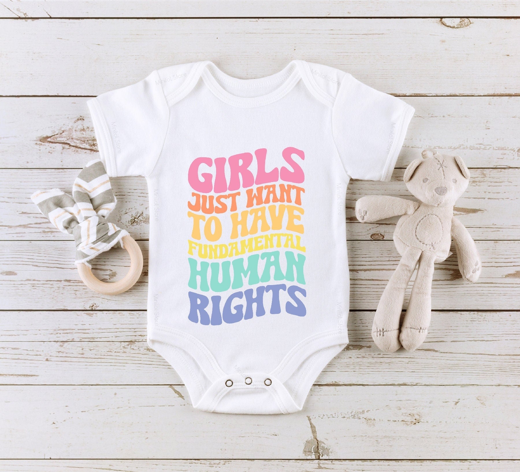 Women's Rights Baby OnesieĀ®, Retro Empowerment Baby Bodysuit, Girls Just Want To Have Fundamental Human Rights Natural Baby OnesieĀ®