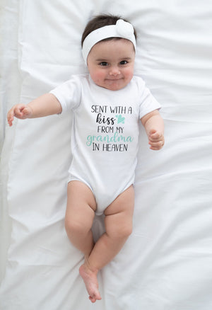 Custom Sent with a Kiss from My Grandpa Grandma in Heaven rainbow design on Baby Short 6-9 Month Onesie