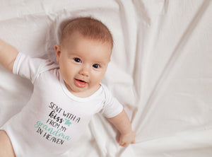 Custom Sent with a Kiss from My Grandpa Grandma in Heaven rainbow design on Baby Short 3-6 Month Onesie