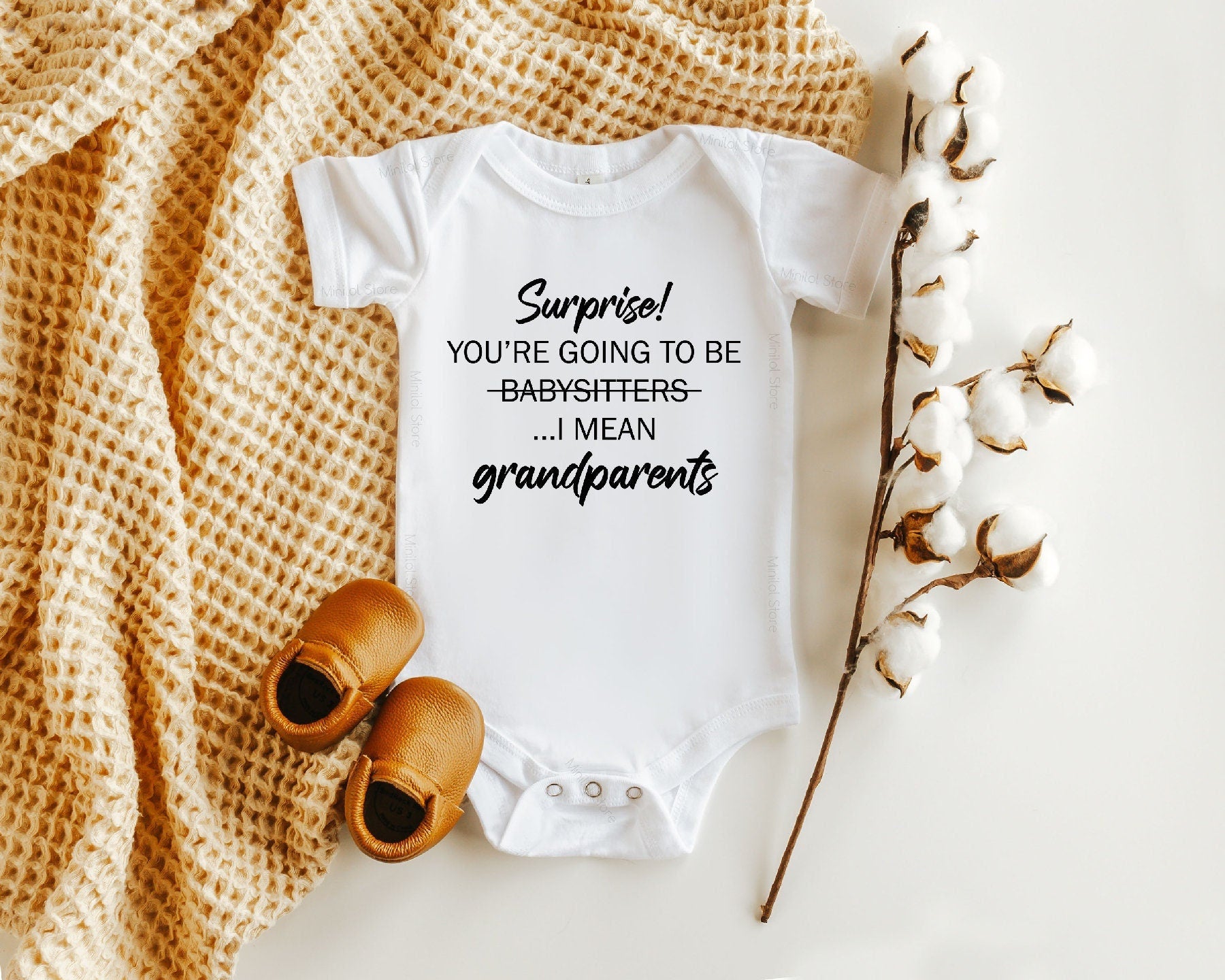 Baby Announcement OnesieĀ®, Grandparents Bodysuit, Funny Baby OnesieĀ®, Surprise You're Going To Be Babysitters I Mean Grandparents OnesieĀ®