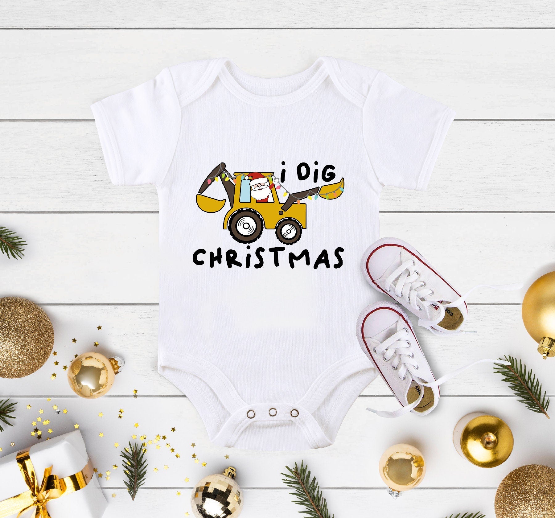 I Dig Christmas Baby OnesieĀ®, Funny Christmas Baby OnesieĀ®, I Dig Christmas Backhoe Heavy Equipment Toddler Shirt, Construction Shirt