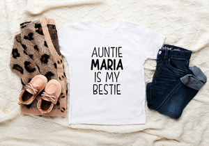 Personalized Auntie Is My Bestie typographic design on Baby Short 0-3 Month Onesie