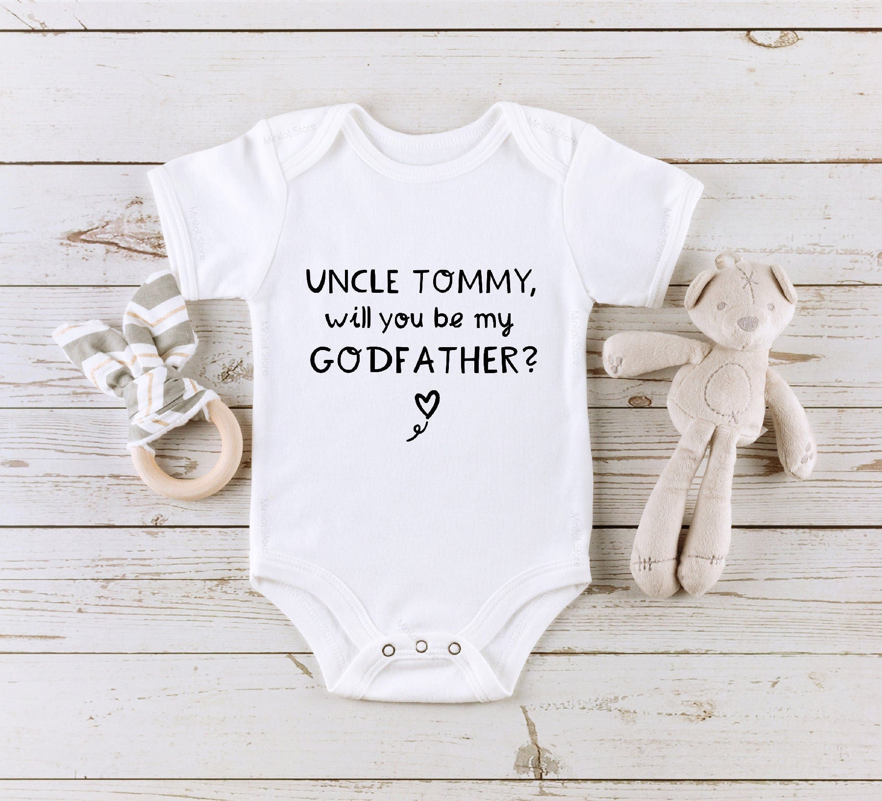Personalized Will You Be My Godfather typographic design on Baby Short 0-3 Month Onesie