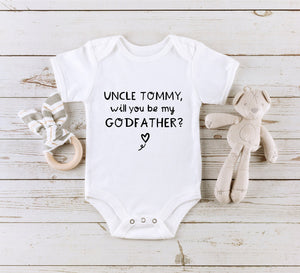 Personalized Will You Be My Godfather typographic design on Baby Short 0-3 Month Onesie