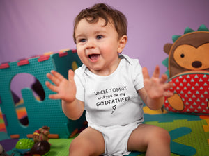 Personalized Will You Be My Godfather typographic design on Baby Short 6-9 Month Onesie