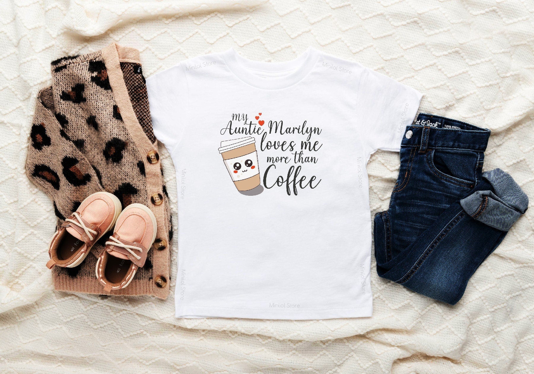 Personalized Aunt Shirt, Funny My Auntie Loves Me More Than Coffee Kids Shirt, Personalized Baby Shower Gift, Niece/ Nephew Baby Gift