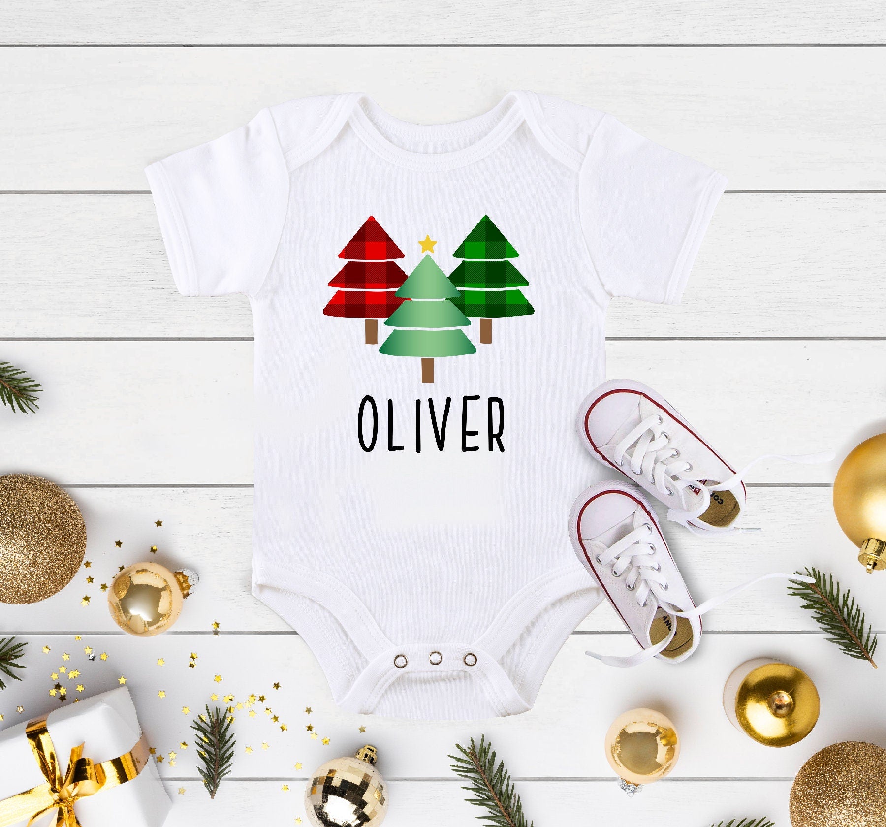 Personalized Buffalo Plaid Christmas Christmas tree design on Baby Short 0-3 Month Onesie